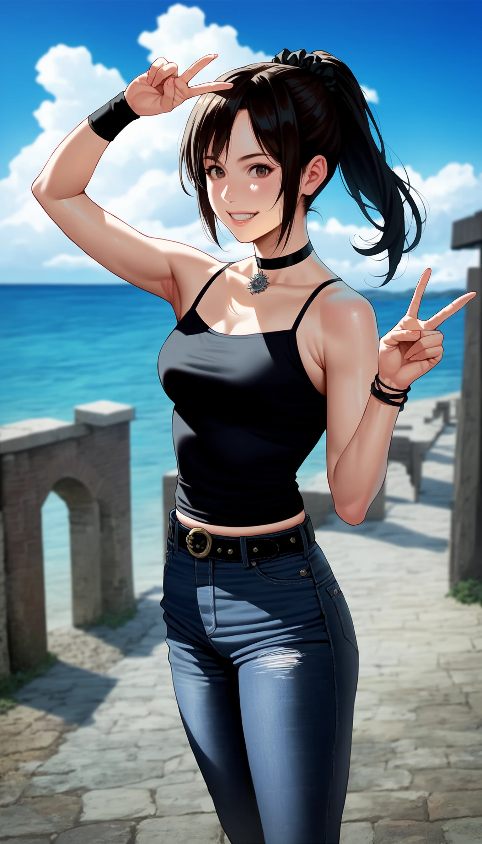 score_9,score_8_up,score_7_up,
<lora:miiyamotoHikari1512:0.7>,miiyamotohikari,1girl,solo,
black hair,ponytail,bangs,scrunchie,black scrunchie,brown eyes,
camisole,black camisole,jeans,tight clothing,belt,choker,jewelry,wristband,black wristband,
looking at viewer,smile,grin,
outdoors,sky,seaside,cloud,stone pavement,large bridge,distant mountains,clear blue sky,soft clouds drifting,summer,japanes house,
vignetting,blurry background,
medium breasts,best hips,skindentation,
standing,portrait,v,