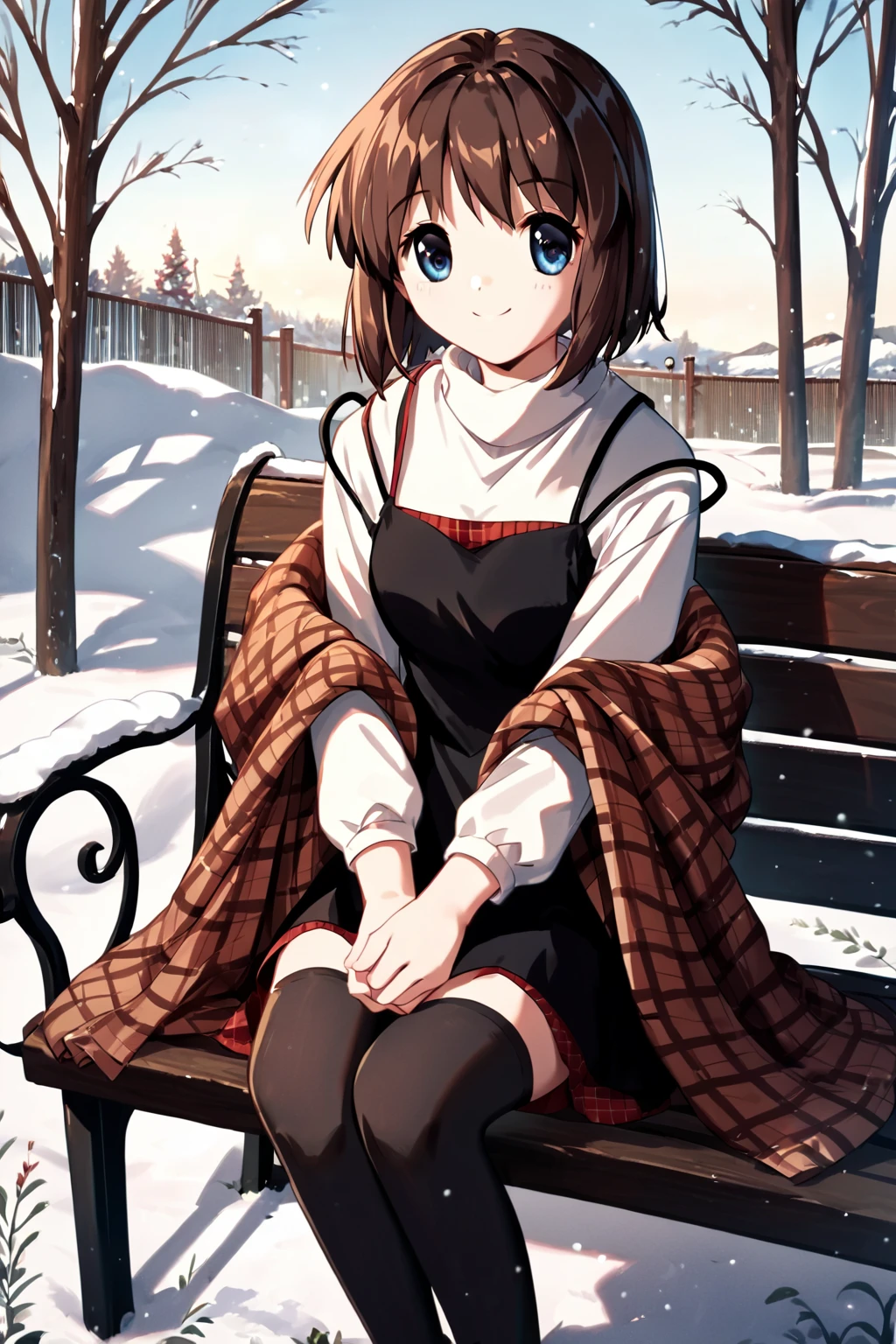 score_9, score_8_up, score_7_up, score_6_up, rating_safe, source_anime, best quality, masterpiece, detailed background, detailed eyes, outdoors, snow, sitting on bench, <lora:misaka-shiori-xl-04:1>, misaka shiori, black dress over white turtleneck, brown plaid shawl, black stockings, smile