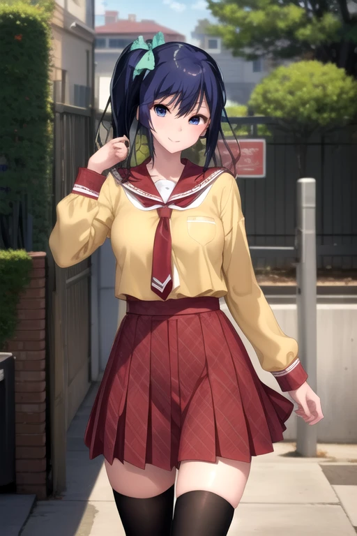 ((masterpiece)),(best quality),official art,extremely delicate and beautiful,extremely detailed CG,unity 8k wallpaper,ultra detailed,beautiful detailed eyes,extremely detailed face,outdoors,1girl,solo,cowboy shot,looking at viewer,facing viewer,smile,Takasaki Miho,long hair,blue hair,side ponytail,hair ribbon,hair bow,aqua bow,sidelocks,hair between eyes,bangs,blue eyes,school uniform,red sailor collar,yellow shirt,red necktie,long sleeves,medium breasts,red skirt,plaid skirt,pleated skirt,zettai ryouiki,black thighhighs,loafers,black footwear,<lora:Takasaki Miho(oin)-Remake>,