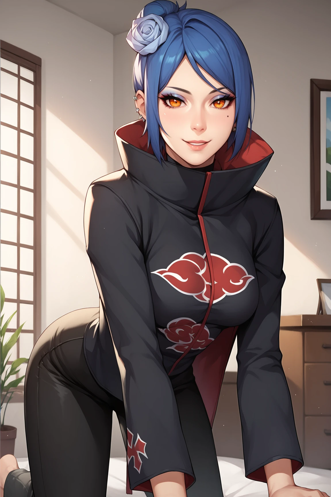 score_9, score_8_up, score_7_up, score_6_up, score_5_up, score_4_up, KonanNSHXL, makeup, orange eyes, blue hair, short hair, single hair bun, hair flower, piercing, medium breasts, high collar, black coat, coat with cloud print, long sleeves, pants, all fours, seductive smile, looking at viewer, indoors <lora:KonanNSHXL:0.7>