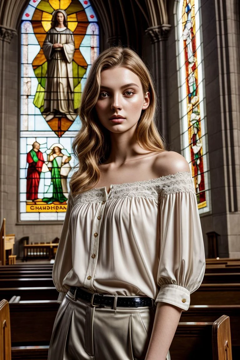 European woman, closeup, (shirt), pants, ((inside a church: 1.2), stained glass), (), ZM_genowefa, wide shoulders, perfect face, (contact iris: 1.1), pale skin, skin pores , depth of field