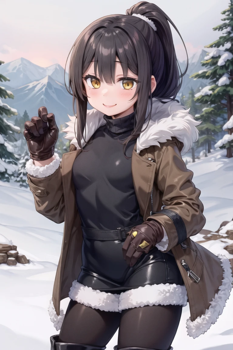 (masterpiece, best quality, beautiful and aesthetic:1.2), 1girl, solo,(soft skin:1.1),standing, cowboy shot,(detailed background), outside, snowstorm in the ice mountains, at dawn, winter clothes, (long overall coat:1.3), turtleneck sweater, (miniskirt:1.3), (long fur leggings:1.3),  (long leather boots:1.3), charming pose, seductive, smiling, yellow eyes, black hair, ponytail, (fur gloves:1.3),
<lora:fuzukikai-10:0.7:lbw=ALL>