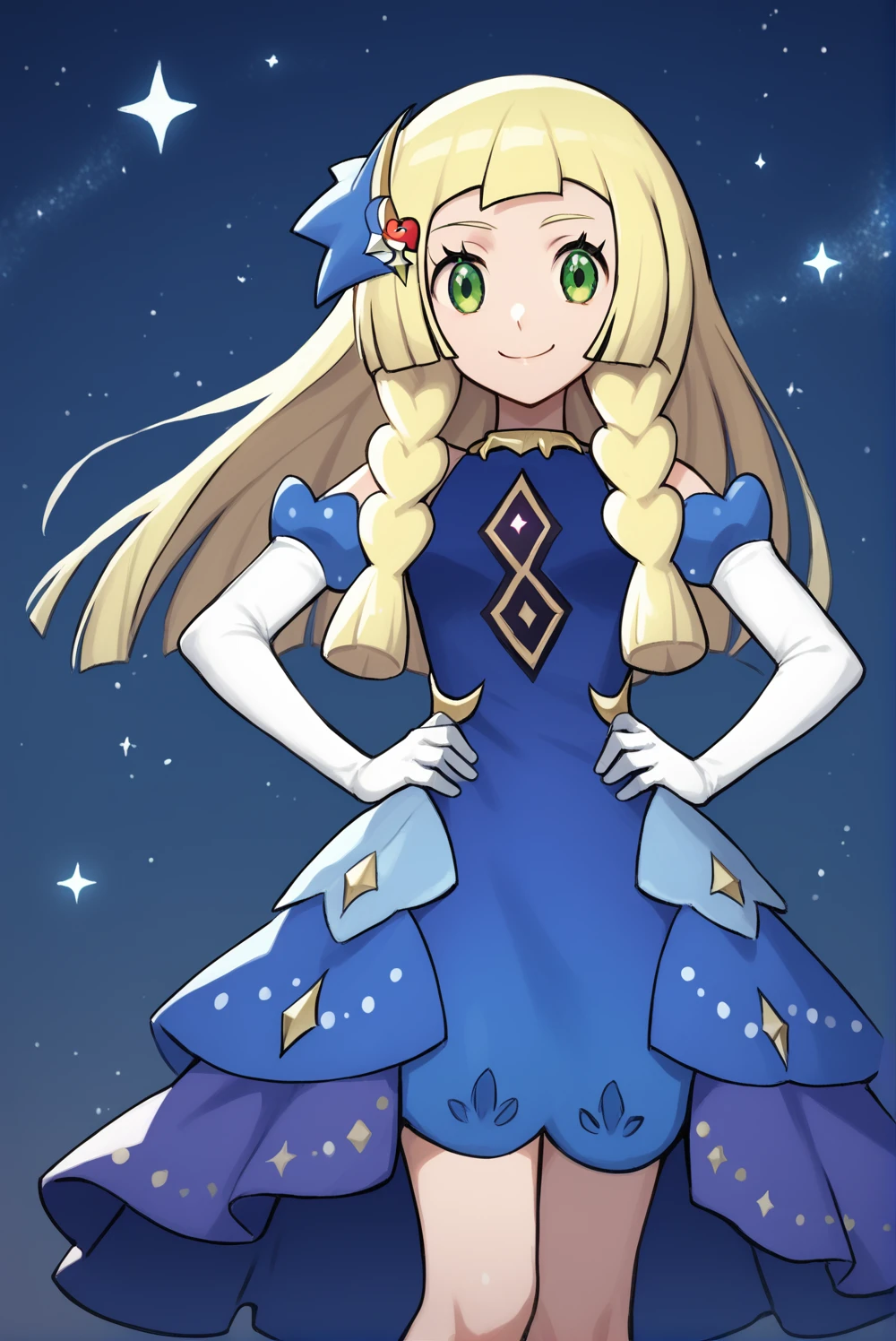 Score_9, Score_8_up, score_7_up, score_6_up, solo, 1girl, 1lillie1, blonde hair, green eyes, long hair, 3anniversary3, twin braids, smile, blue dress, purple dress, hair ornament, night sky, starry sky, white gloves, elbow gloves, hands on hips, standing<lora:EMS-376737-EMS:1.000000>