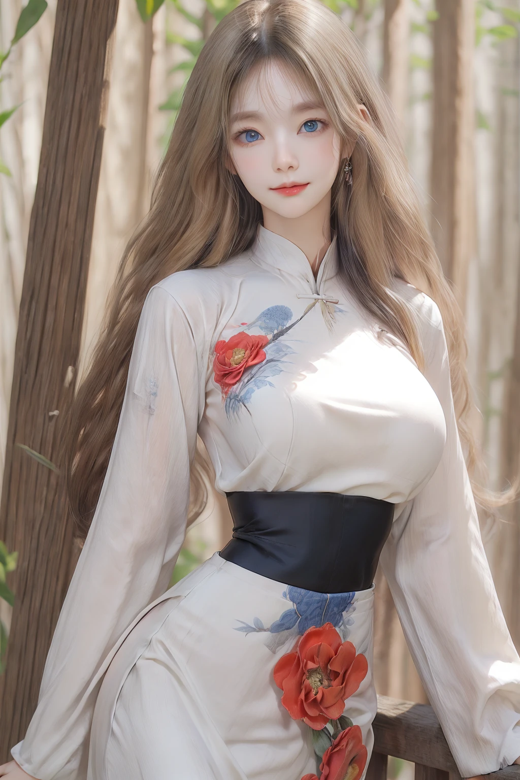 (beauty korean girl:1.4),(very long wavy blonde hair:1.3),(breast implants:1.3),(large breasts:1.3),(white ao_dai:1.3),(white vietnamese dress:1.3),(red-blue floral print:1.2),(skinny body:1.4),(slender body:1.4),(narrow waist:1.6),(in forest:1.2),<lora:Karen10:0.4>,Karen,(closed mouth:1.3),(big blue eyes:1.3),(huge wide open eyes:1.3),
(realistic photo:1.3),(masterpiece:1.3),(very high quality:1.3),(blurry background:1.2),(amazing intricate detail focus on girl:1.3),(red flowers),<lora:hairdetailer:1>,from front,