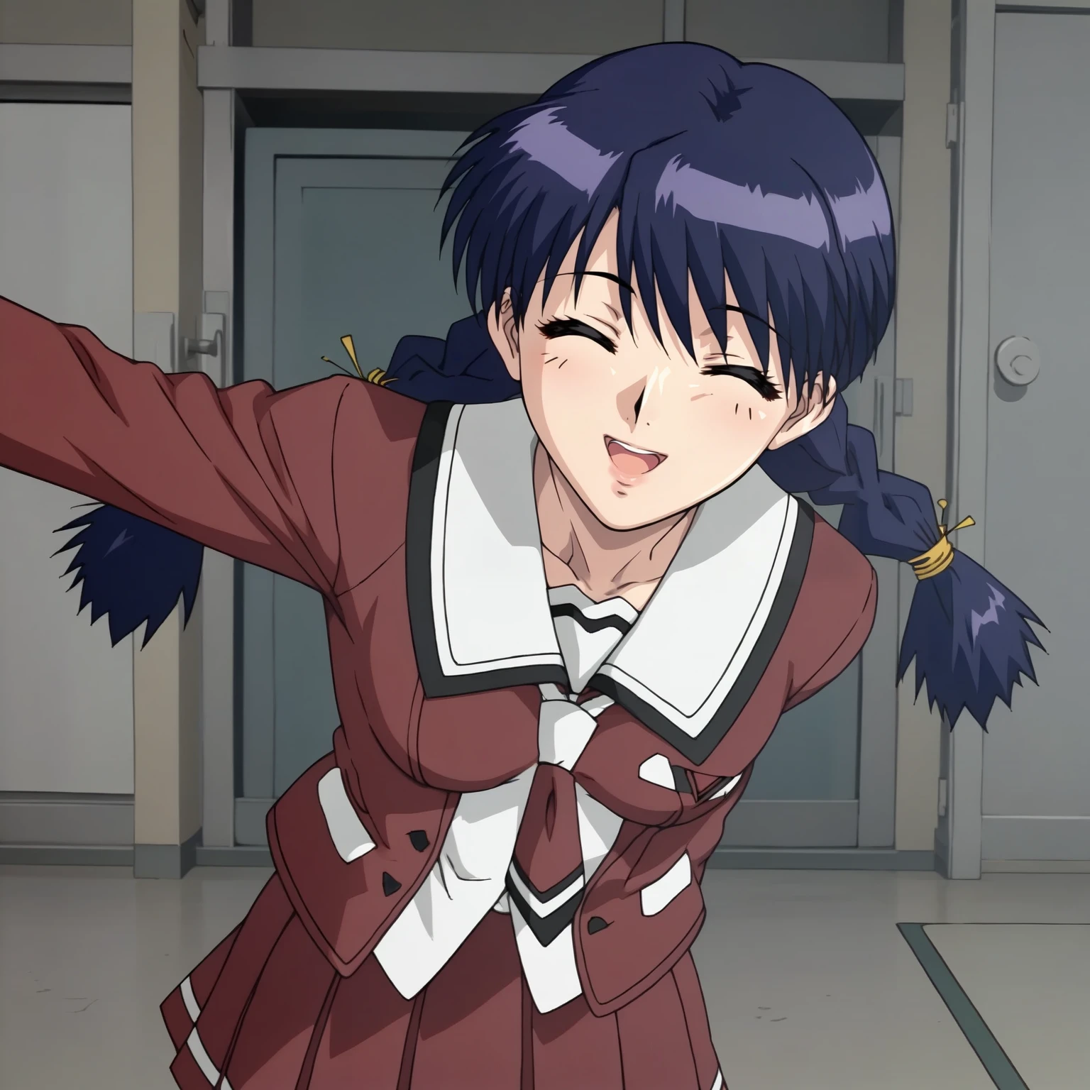 <lora:HozumiSakatsuXLpony001>,
smile,open mouth,closed eyes,
solo,
HozumiSakatsu,1girl,blue hair,twin braids,
school_uniform,white sailor color,red jacket,necktie,
red skirt,pleated_skirt,