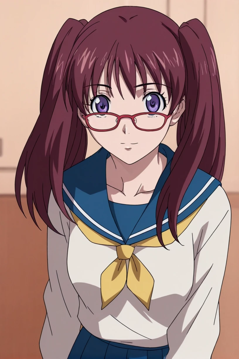 best quality,masterpiece,looking at viewer,absurdres,1girl,score_9,score_8_up,score_7_up,source_anime BREAK <lora:010-é£è½®å°å¹´-é山鿿ªXLV1:0.8>,noyamano ringo,red hair,purple eyes,glasses,long hair,twintails,red-framed eyewear,school uniform,serafuku,skirt,