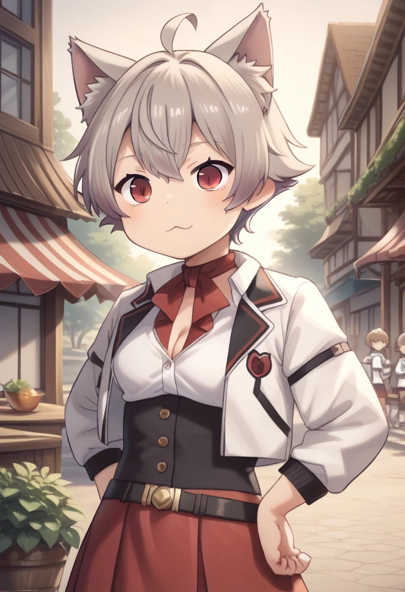 score_9, score_8_up, score_7_up, detailed eyes, village, BREAK
looking to the side, standing, head tilted,
<lora:MushokuTensei_LiniaXL:0.8>, LiniaXL, grey hair, short hair, ahoge, red eyes, slit pupils, cat ears, school uniform, open jacket, cropped jacket, white jacket, white shirt, cleavage cutout, long sleeves, black corset, black belt, red skirt, red neckerchief, (uwu:1.6), <lora:hobbyanon_aaaa_quad-a_v1_PonyDiffusionV6XL:1>