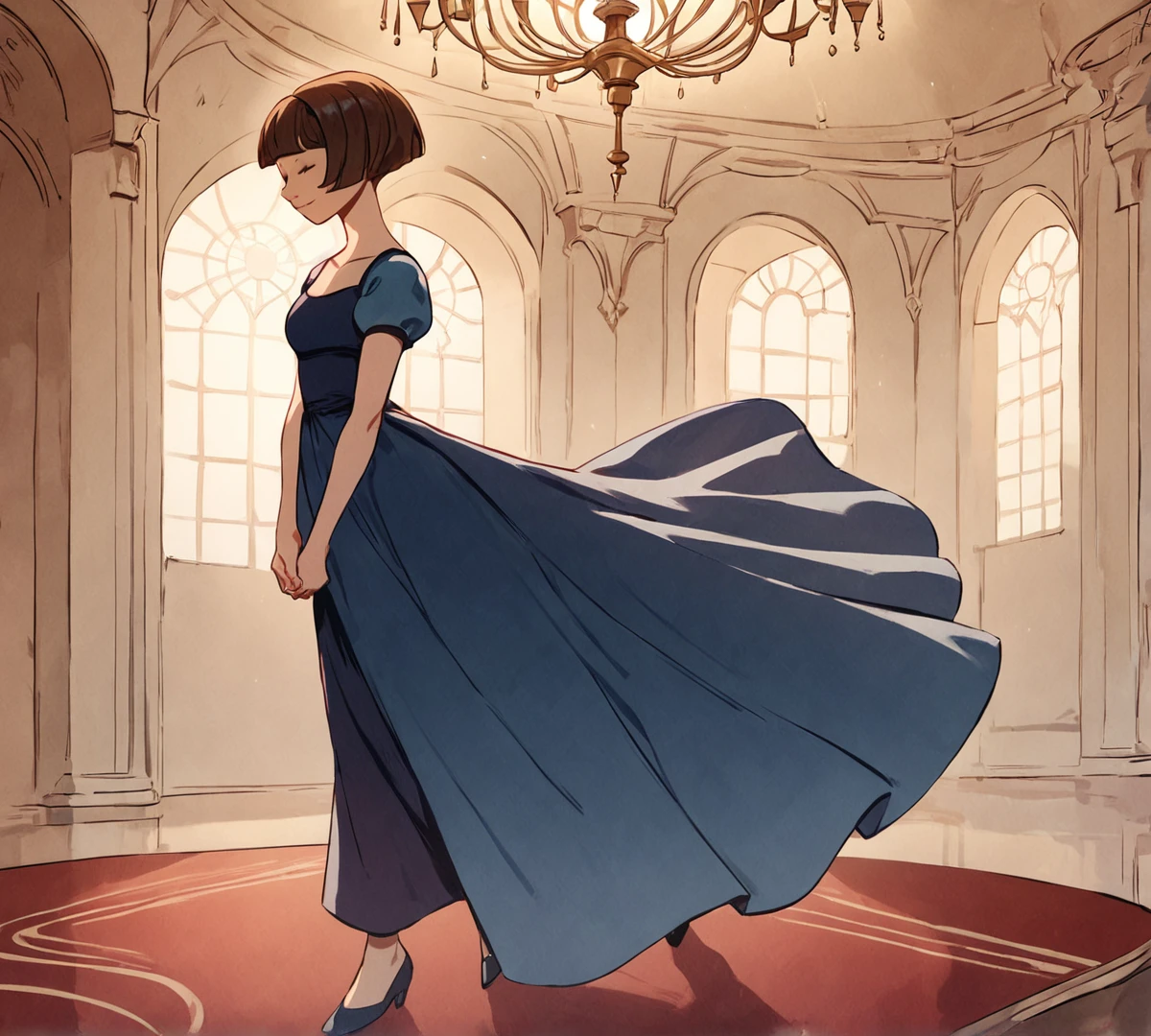 Paz, short hair, bob cut, zPDXL, best quality, amazing quality, score 9, 1girl, closed eyes, light smile, blue dress, indoors, fancy, chandelier, <lora:Paz:1>