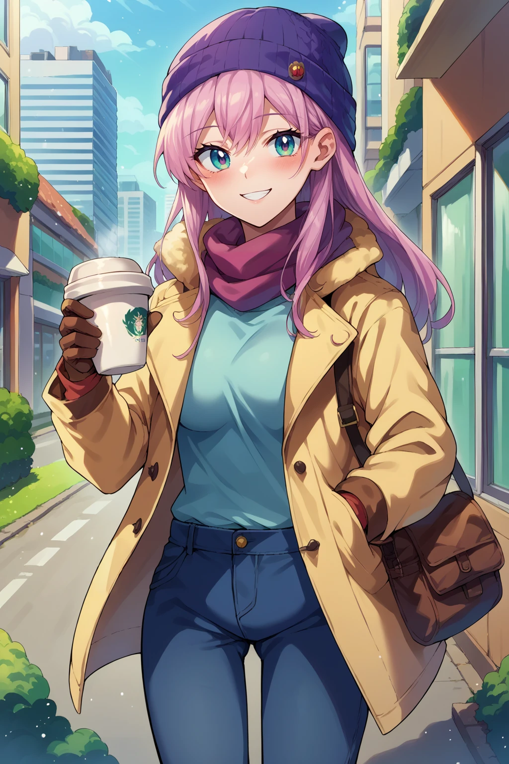 score_9, score_8_up, score_7_up, source_anime, cowboy shot, looking at viewer, smile, blush, akrwtnb, large breasts, long hair, beanie, scarf, duffel coat, pants, gloves, holding, coffee cup, outdoors, winter, cityscape, <lora:Hoseki_Fuukoi_AkariWatanabe_PDXL_v1:1>