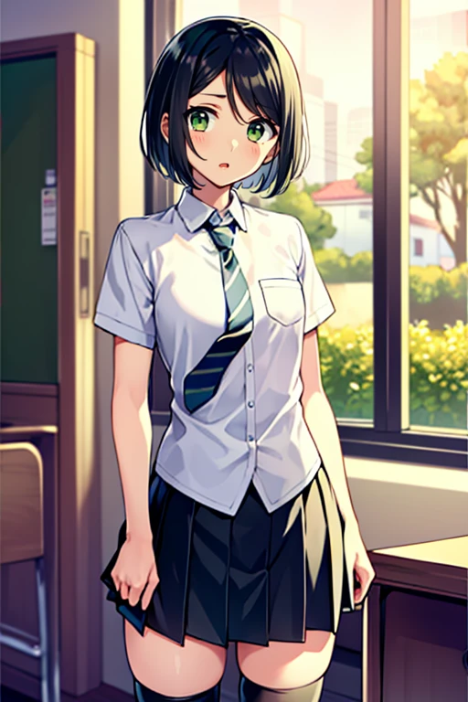 masterpiece,
solo, front view,
1girl, standing, looking_at_viewer,
<lora:woman_of_el-melloi_v3:1>, woem, waver velvet, bangs, black hair, bob cut, genderswap, genderswap (mtf), green eyes, short hair, parted bangs, school uniform, necktie, skirt, pleated skirt, shoes, socks, thighhighs, zettai ryouiki,