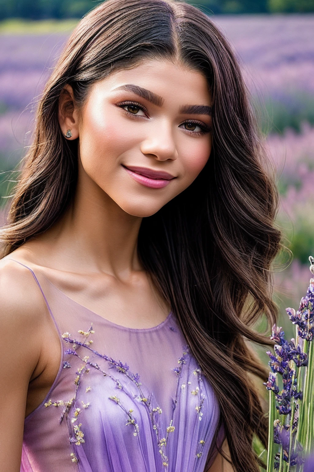 Zendaya_SoloTI_v1,
(happy,smile),
(In a flowing dress of soft lilac chiffon, adorned with delicate lace and adorned with sparkling crystals, for a dreamy and enchanting look), (Amidst a field of wildflowers in full bloom, where the gentle breeze carries the scent of lavender and the song of birds fills the air, a sense of purity and innocence surrounds the ethereal figure of Lilies:1.3), (seductive:1.3),(analog, cinematic, film grain, hazy atmosphere, cinematic shot:1.3),
 <lora:add_detail:0.6>,<lora:LowRa:0>, PA7_Portrait-MCU,