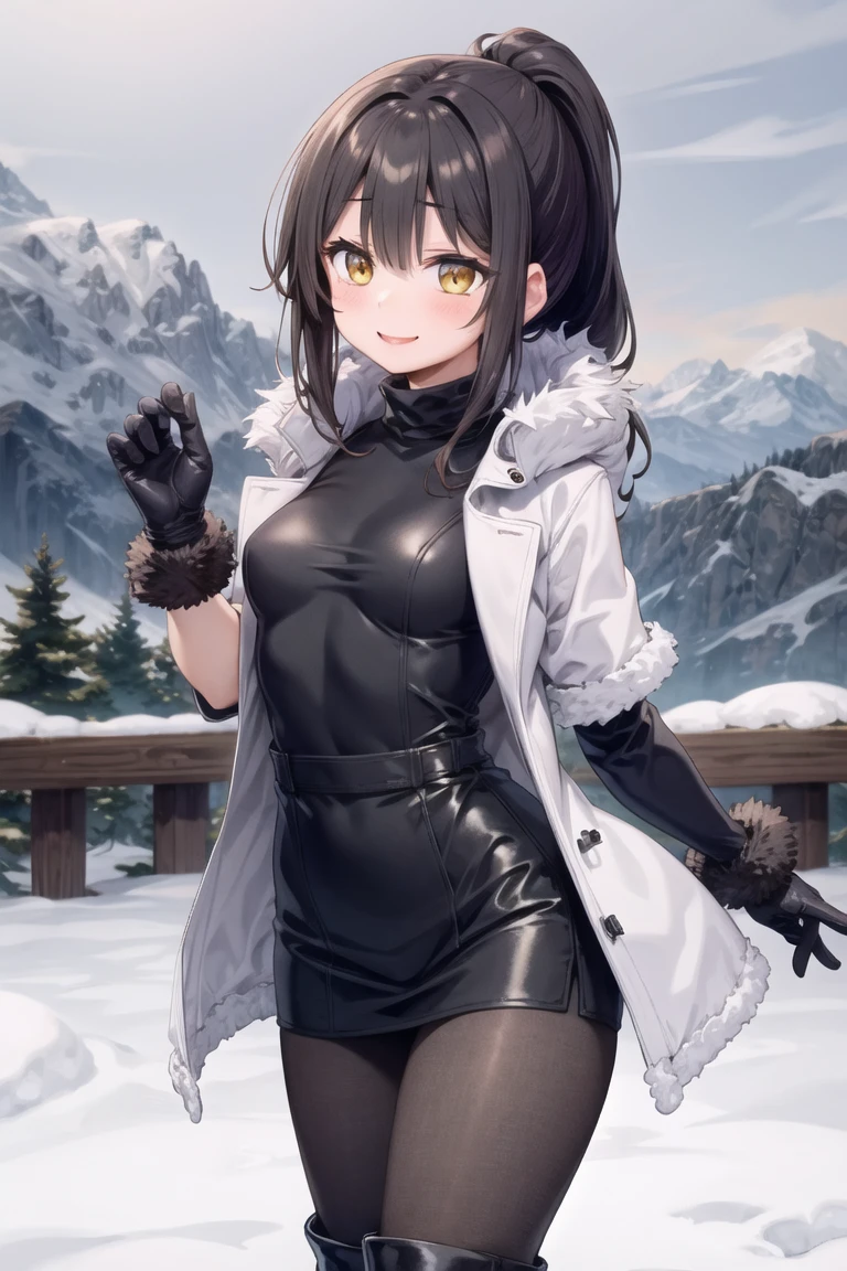 (masterpiece, best quality, beautiful and aesthetic:1.2), 1girl, solo,(soft skin:1.1),standing, cowboy shot,(detailed background), outside, snowstorm in the ice mountains, at dawn, winter clothes, (long overall coat:1.3), turtleneck sweater, (miniskirt:1.3), (long fur leggings:1.3),  (long leather boots:1.3), charming pose, seductive, smiling, yellow eyes, black hair, ponytail, (fur gloves:1.3),
<lora:fuzukikai-10:0.7:lbw=ALL>