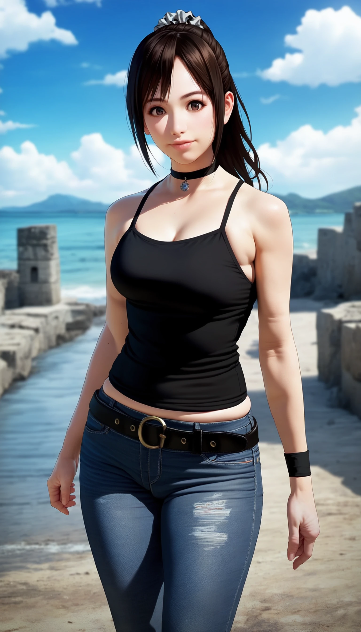 score_9,score_8_up,score_7_up,
<lora:miiyamotoHikari1512:0.7>,miiyamotohikari,1girl,solo,
black hair,ponytail,bangs,scrunchie,black scrunchie,brown eyes,
camisole,black camisole,jeans,tight clothing,belt,choker,jewelry,wristband,black wristband,
looking at viewer,smile,
outdoors,sky,seaside,cloud,stone pavement,large bridge,distant mountains,clear blue sky,soft clouds drifting,summer,japanes house,
vignetting,blurry background,
medium breasts,best hips,skindentation,
standing,cowboy shot,