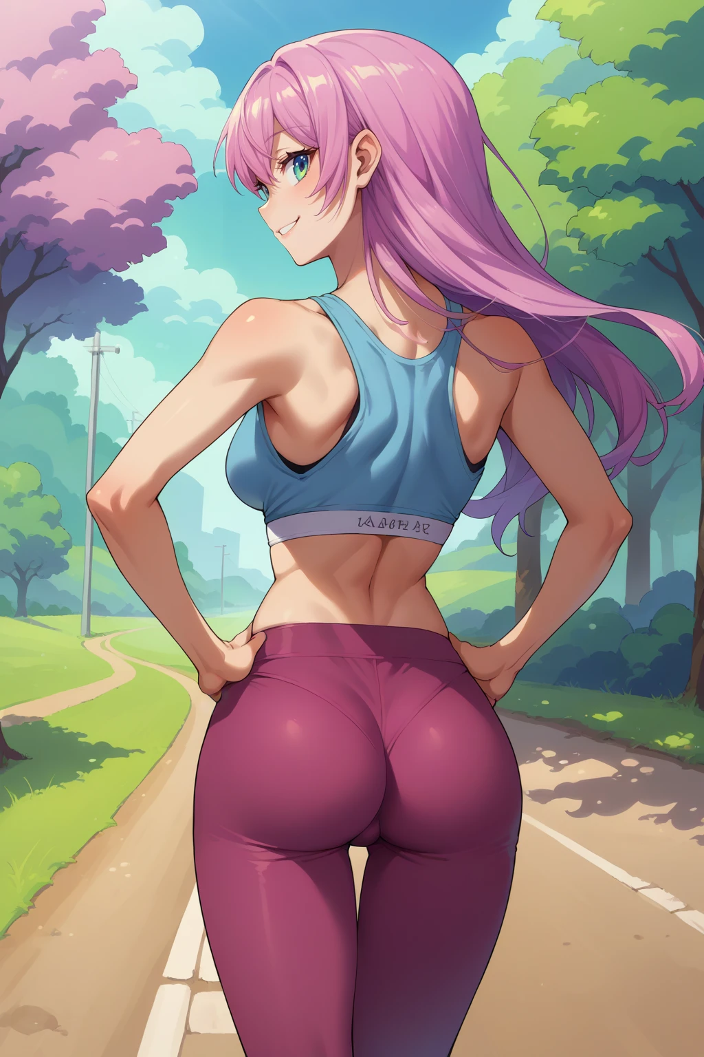 score_9, score_8_up, score_7_up, source_anime, from behind, looking at viewer, smile, akrwtnb, large breasts, long hair, sports bra, leggings, hands on hips, outdoors, path, tree, <lora:Hoseki_Fuukoi_AkariWatanabe_PDXL_v1:1>