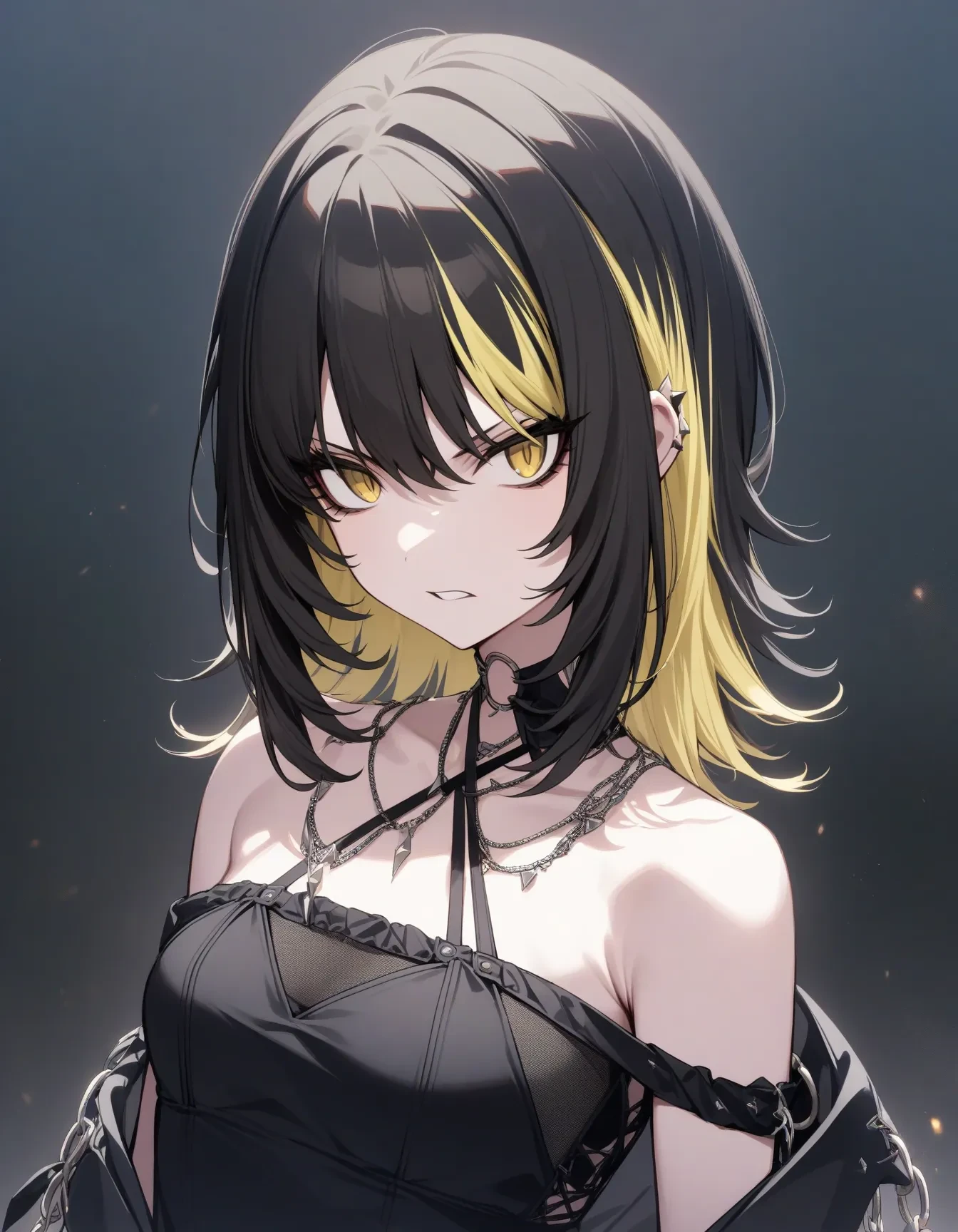 l_ikaruga, 1girl, solo, blonde hair, yellow eyes, angry, parted lips, jewelry, multicolored hair, gloves, looking at viewer, bracelet, bangs, black gloves, halterneck, necklace, black hair, hair between eyes, bare shoulders, collarbone, two-tone hair, elbow gloves, portrait, chain, criss-cross halter, colored inner hair, upper body, off shoulder, black shirt, medium hair
masterpiece, best quality, very aesthetic, absurdres
<lora:a31_l_ikarugaXL:1>