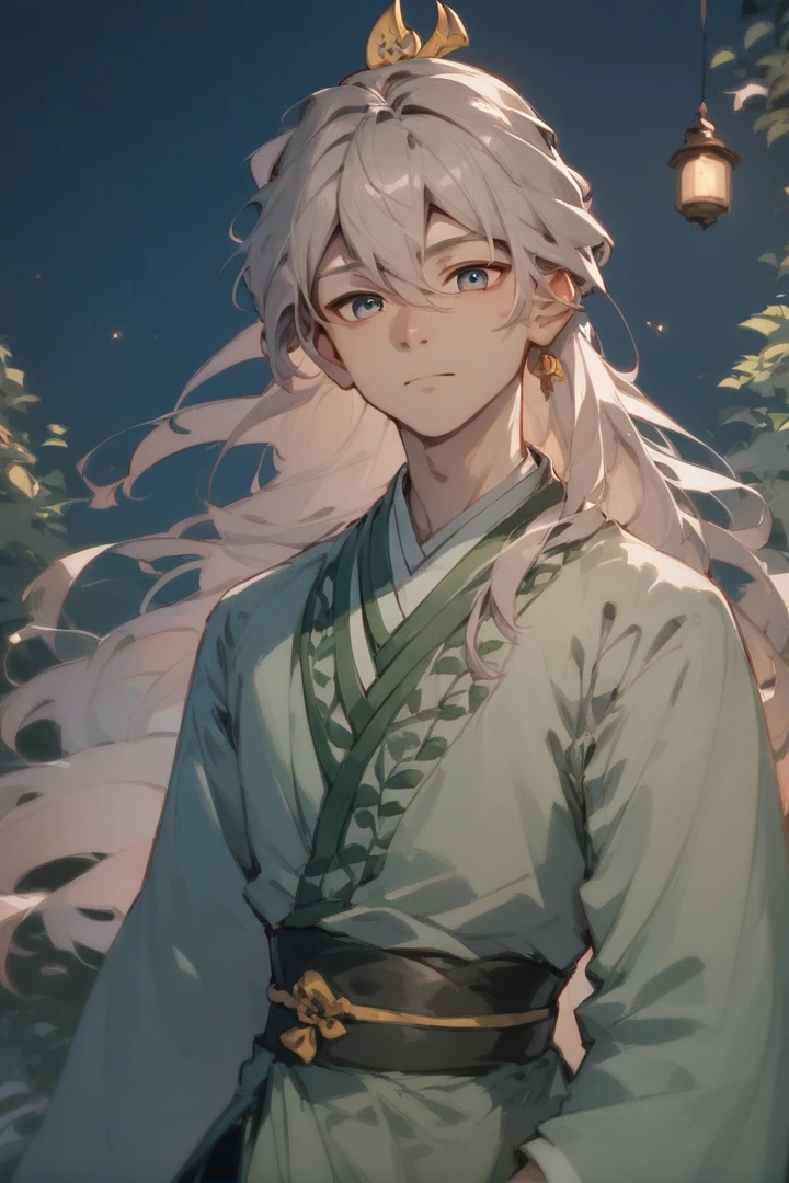 score_9, score_8_up, score_7_up, score_6_up, 1boy, solo, young boy, male focus, looking at viewer, smiles, fantasy, night sky, outdoors,  <lora:ShenTafeiPony:1>, shentafei, long hair, green hanfu