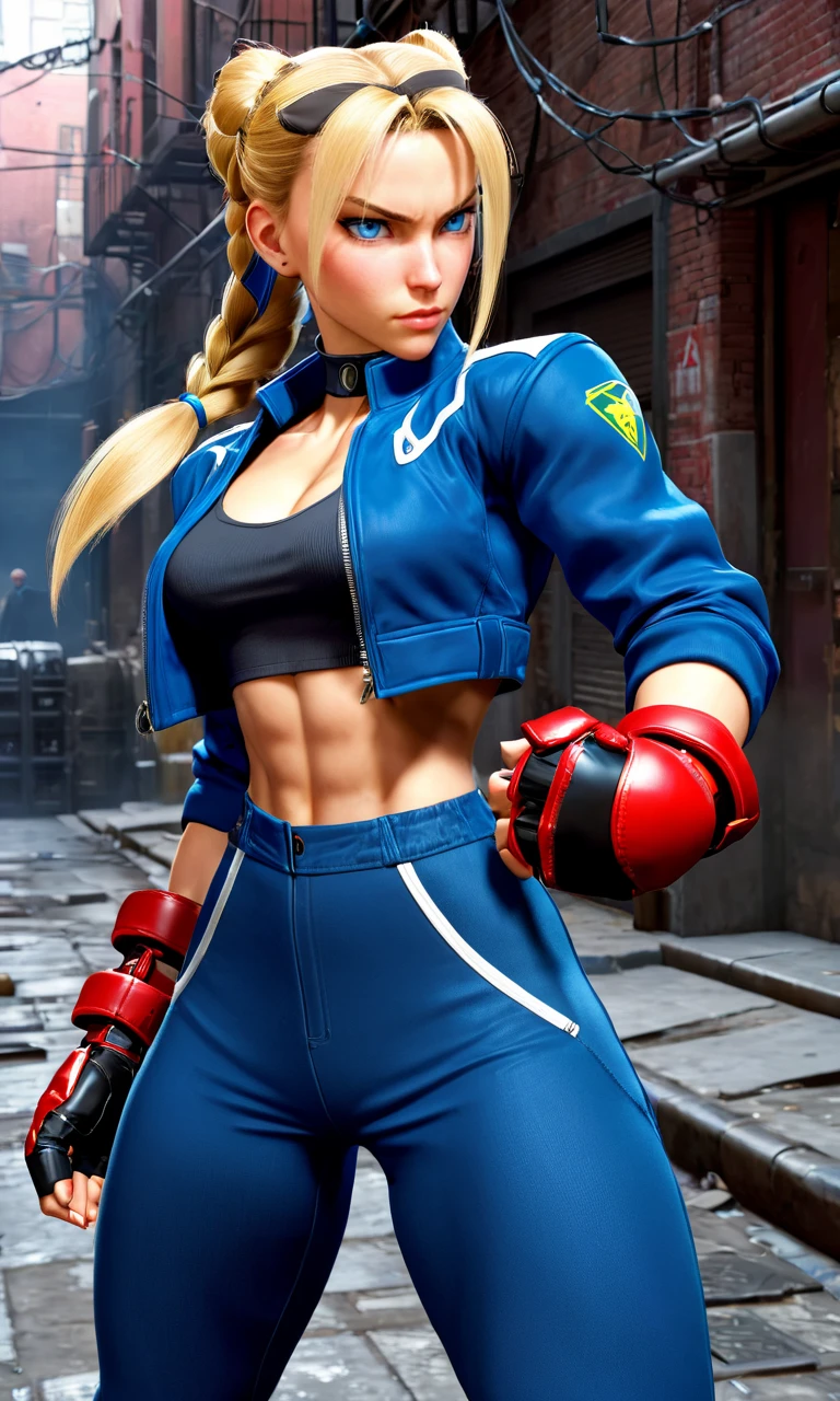a woman in fighting pose , blue jacket, gloves, best quality, action, abs, looking at viewer, short blonde hair, alley, <lora:sf6sdxl:0.7>, sf6sdxl, game cg, cammy white, scar, blue eyes, full body,