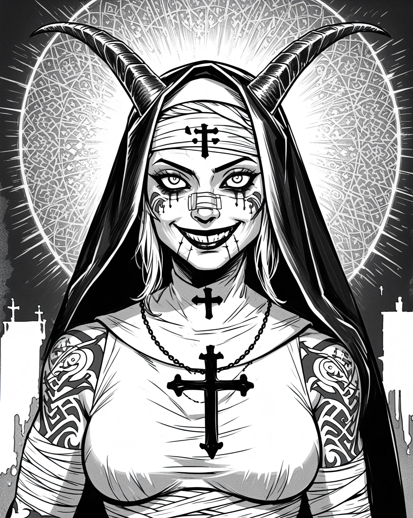 rebnun,  black and white pencile art demon nun,horns, evile smile,bandaged half face, tattoo,   <lora:nun:1>