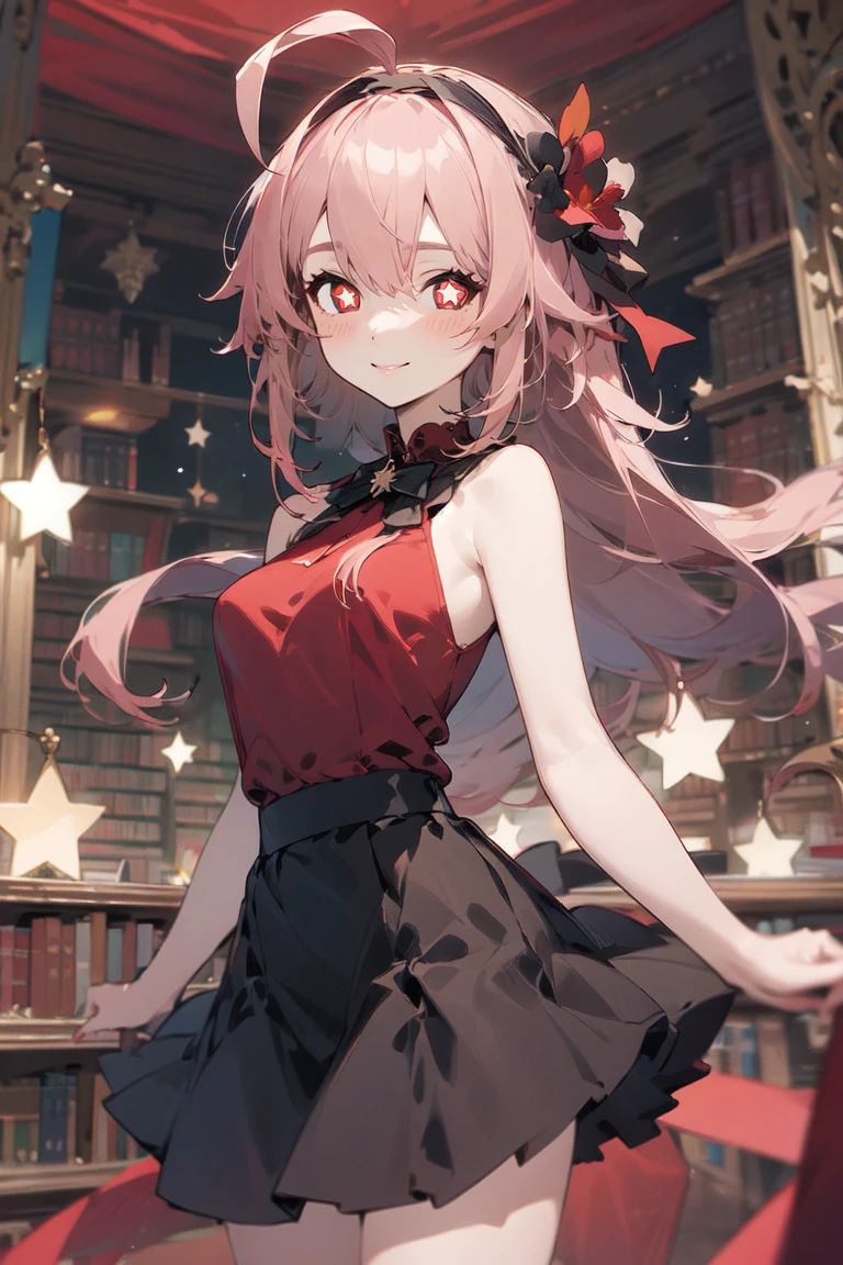 masterpiece, best quality, 1girl, solo, prickett, star-shaped pupils, huge ahoge, smile, hair ornament, hairband, hair flower, red dress, black skirt, looking at viewer, cowboy shot, library, <lora:prickett_ver1:0.7>