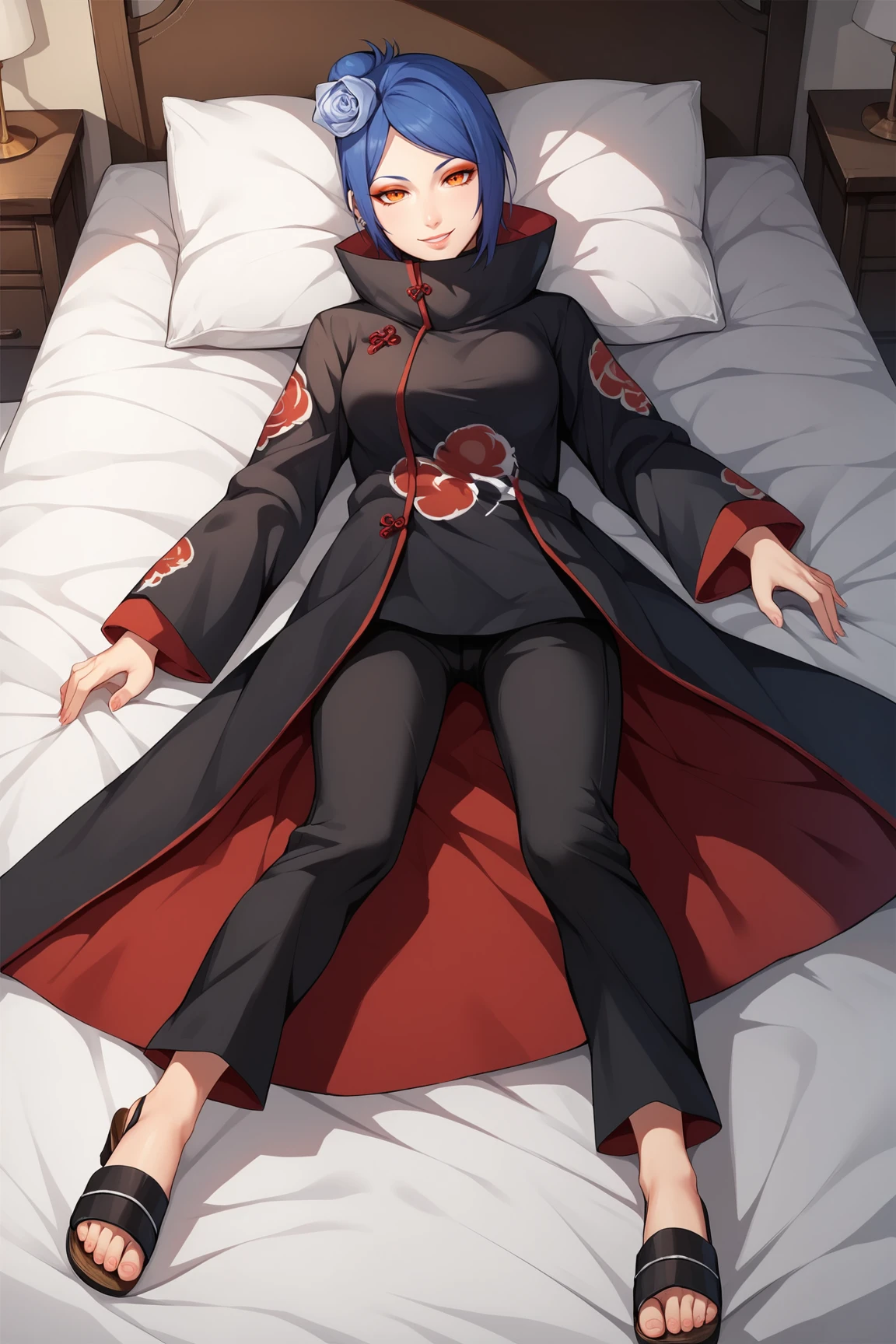 score_9, score_8_up, score_7_up, score_6_up, score_5_up, score_4_up, KonanNSHXL, makeup, orange eyes, blue hair, short hair, single hair bun, hair flower, piercing, medium breasts, high collar, black coat, coat with cloud print, long sleeves, pants, sandals, lying on bed, seductive smile, looking at viewer, indoors <lora:KonanNSHXL:0.7>