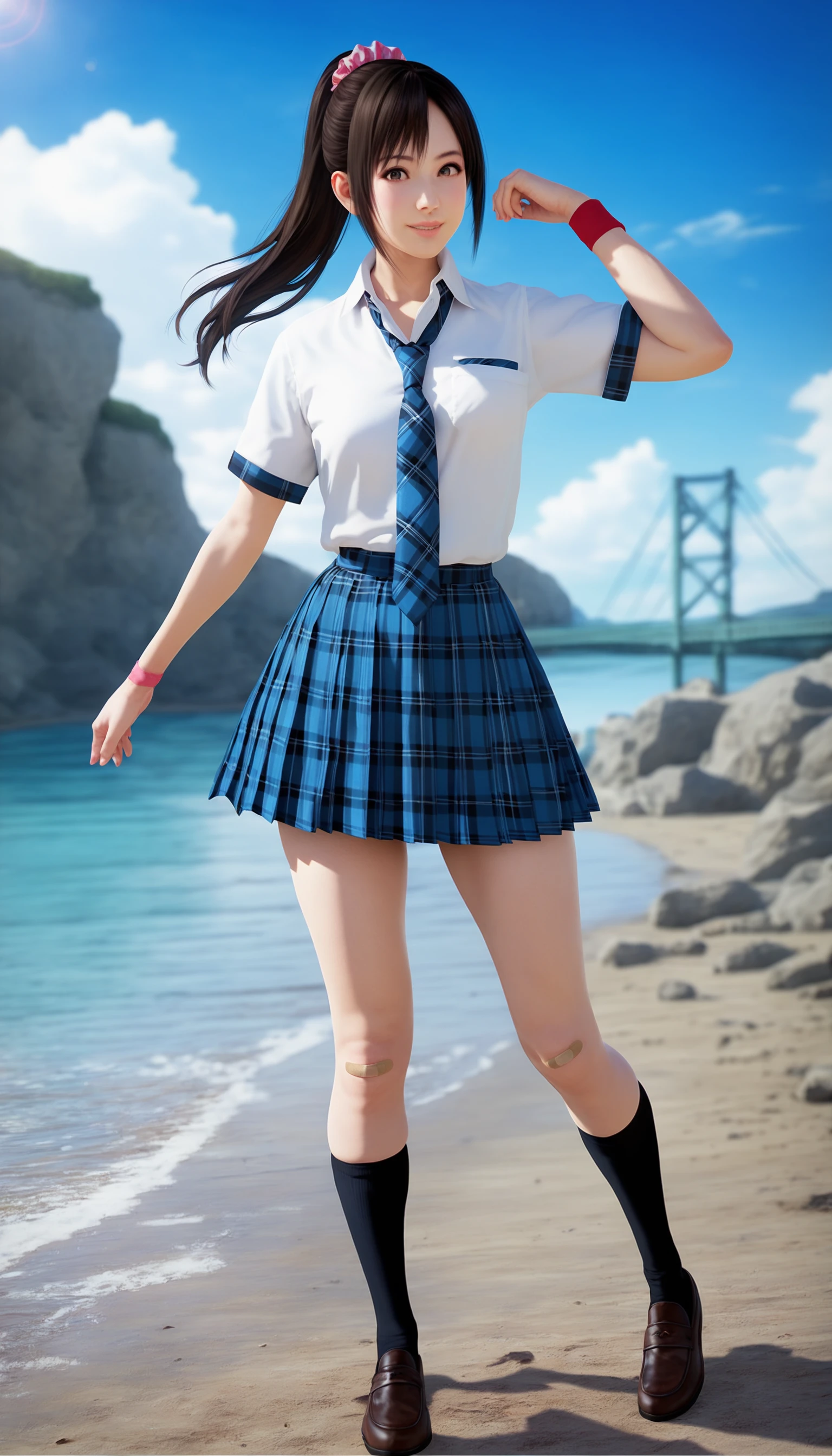 score_9,score_8_up,score_7_up,
<lora:miiyamotoHikari1512:0.7>,miiyamotohikari,1girl,solo,
black hair,ponytail,bangs,scrunchie,pink scrunchie,brown eyes,
school uniform,white shirt,white collar,skirt,pleated skirt,plaid skirt,blue plaid skirt,necktie,plaid necktie,blue plaid necktie,wristband,red wristband,
looking at viewer,smile,lips,
outdoors,sky,seaside,cloud,stone pavement,large bridge,distant mountains,clear blue sky,soft clouds drifting,summer,japanes house,
vignetting,blurry background,
medium breasts,best hips,skindentation,
black kneehighs,bandaid on right knee,
leather shoes,
standing,full body,dynamic pose,