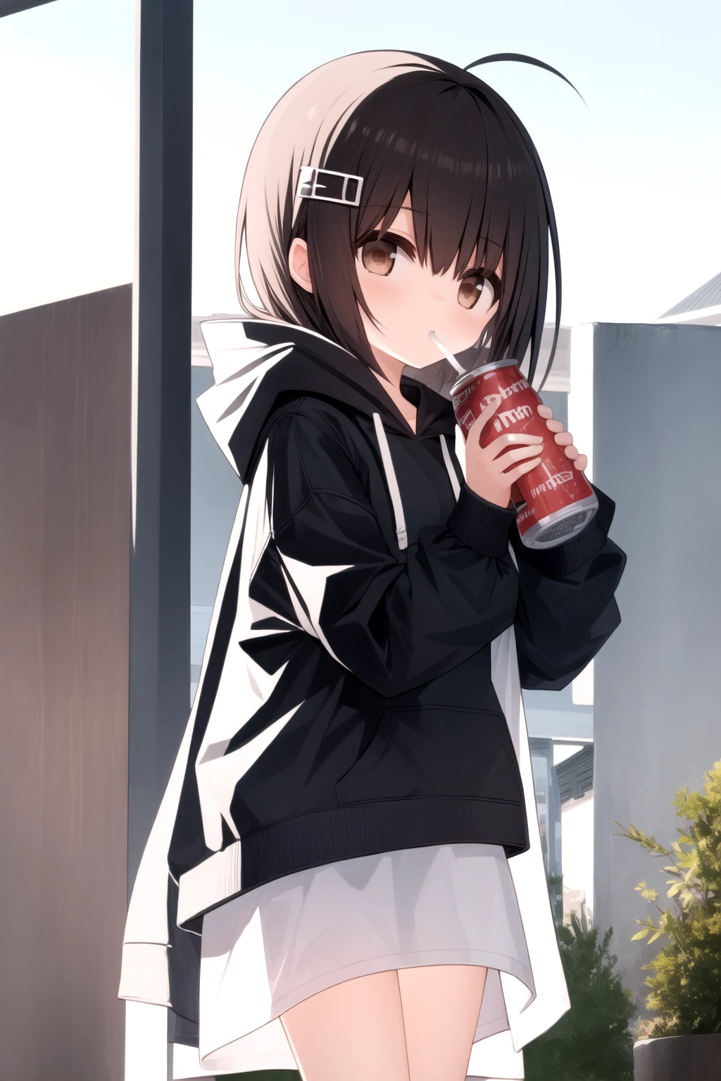 <lora:yuuhagi_v0.4:1>
1girl, long shirt, hoodie, soda can, drinking,, masterpiece, best quality, highly detailed