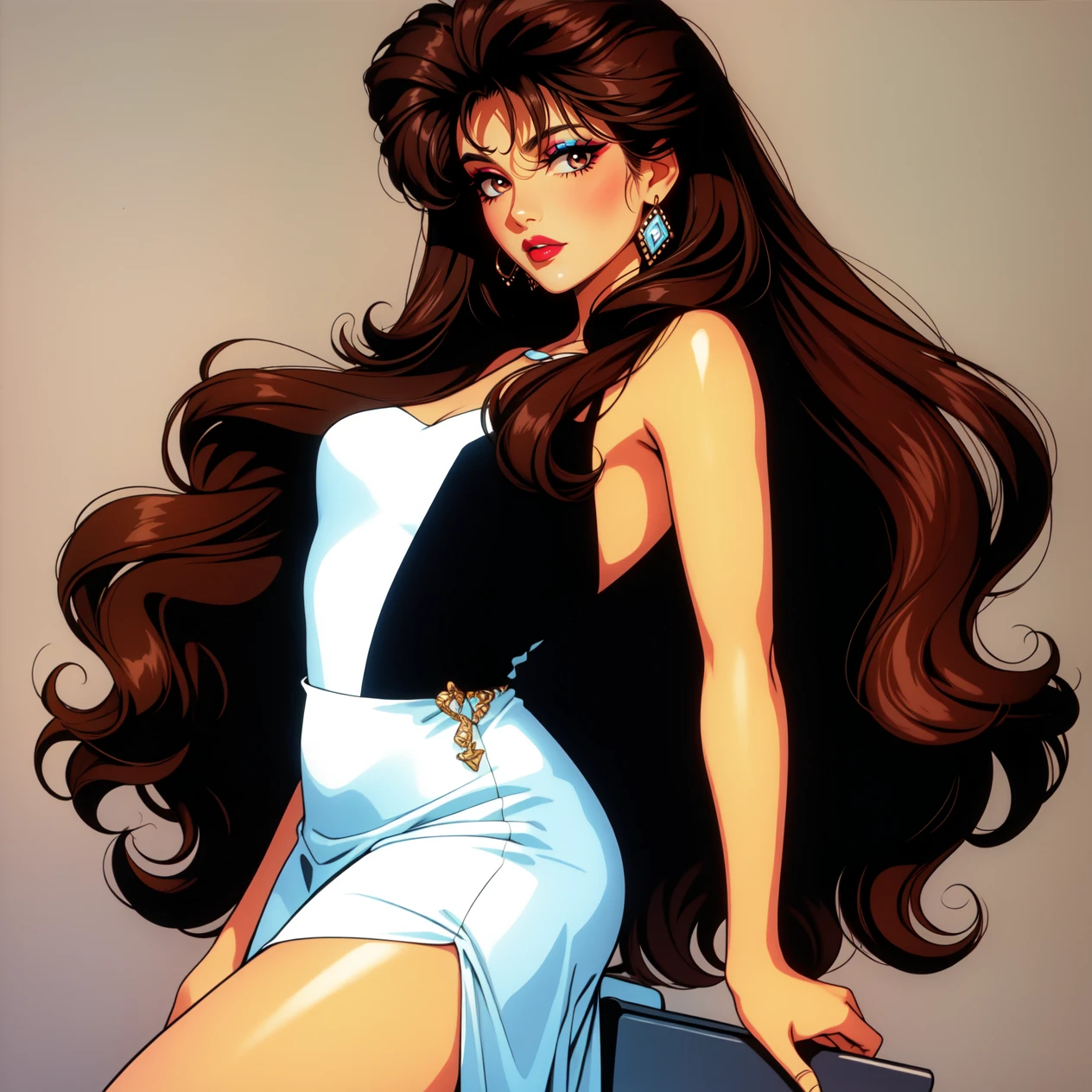 hud_am, 1girl, long big brown hair, makeup, lipstick, <lora:anamoll:0.8>, realistic, upper body, wearing dress, high heels, 1980s \(style\),