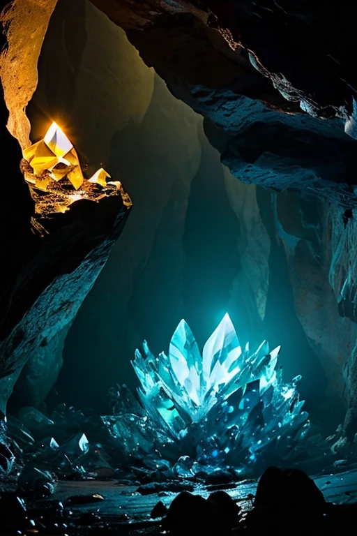 photograph, illustrious quality, solo, shiny, black background, (crystal), still life, Caves, Limestone Caves, glowing gemstones in the dark, score_7_up, kooo123, <lora:crystaOO_v1:0.6>