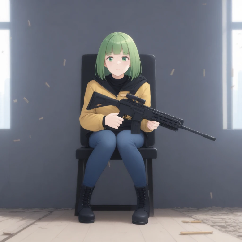 That's what V2 is for
BREAK 1girl, solo, bob cut, blunt bangs, light green hair, green eyes, brown jacket, jeans, black boots, holding rifle, AK-47, seated chair, window, city, debris, wooden floor, cracked wall, holes in the wall, particle effect, bullets