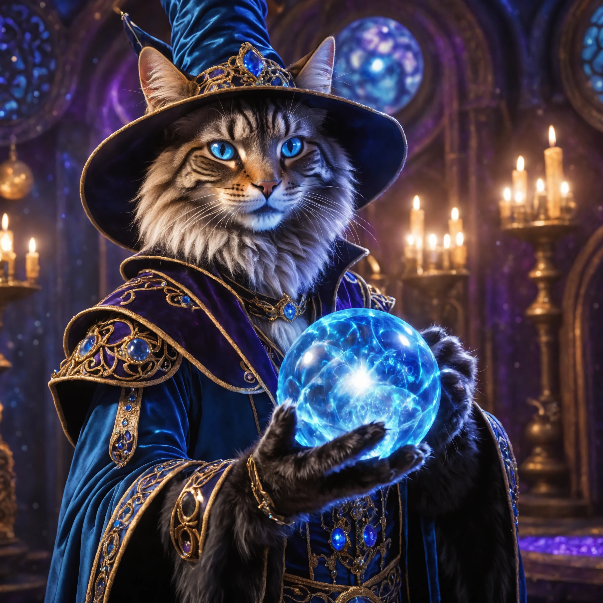 Professional Closeup photo An cat magician in a fantasy setting wearing a detailed magician outfit holding a blue glowing sphere, detailed fur, paws