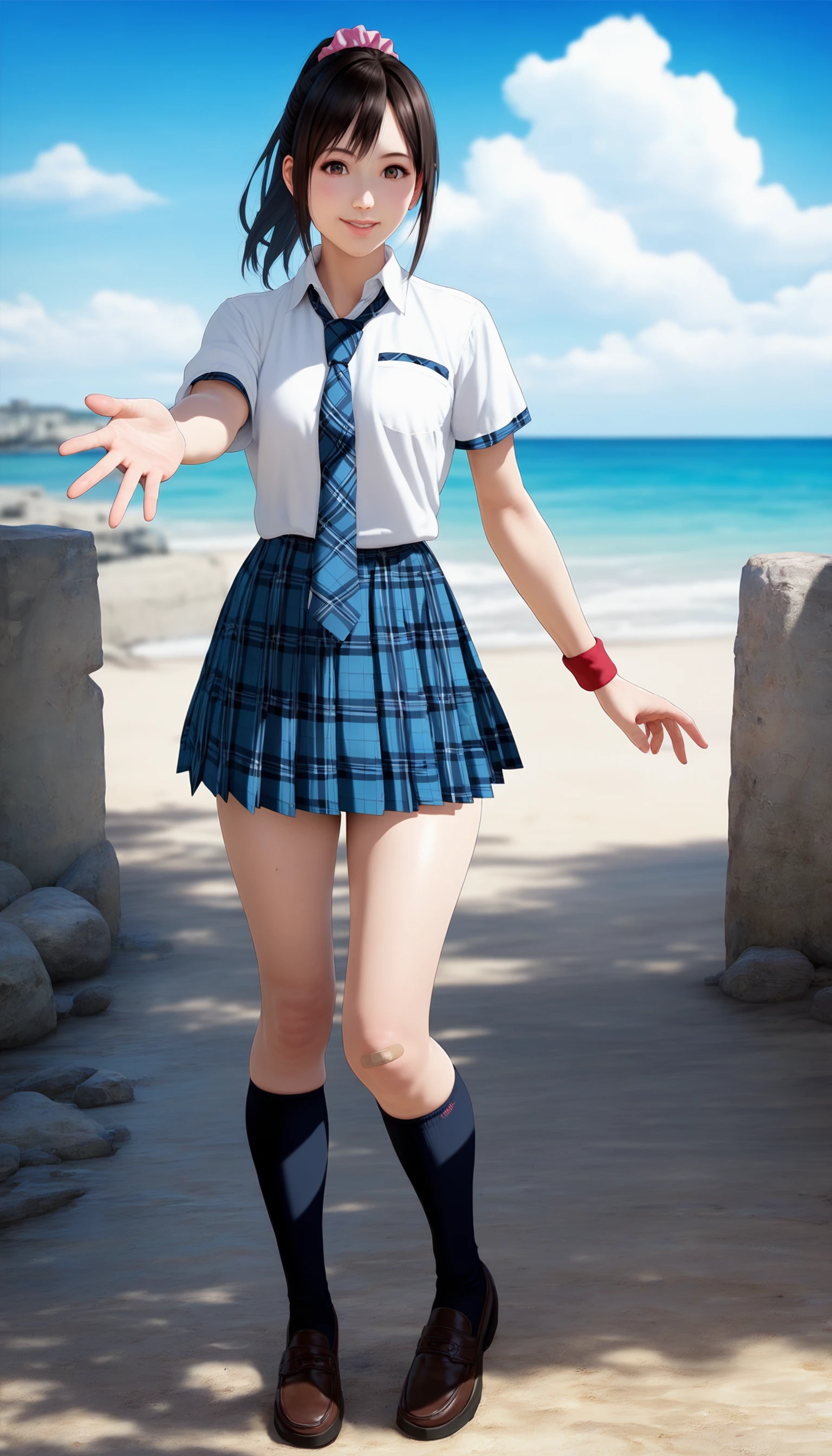 score_9,score_8_up,score_7_up,
<lora:miiyamotoHikari1512:0.6>,miiyamotohikari,1girl,solo,
black hair,ponytail,bangs,scrunchie,pink scrunchie,brown eyes,
school uniform,white shirt,white collar,skirt,pleated skirt,plaid skirt,blue plaid skirt,necktie,plaid necktie,blue plaid necktie,wristband,red wristband,
looking at viewer,smile,lips,
outdoors,sky,seaside,cloud,stone pavement,large bridge,distant mountains,clear blue sky,soft clouds drifting,summer,japanes house,
vignetting,blurry background,
medium breasts,best hips,skindentation,
black kneehighs,bandaid on right knee,
leather shoes,
standing,full body,reaching left hand,