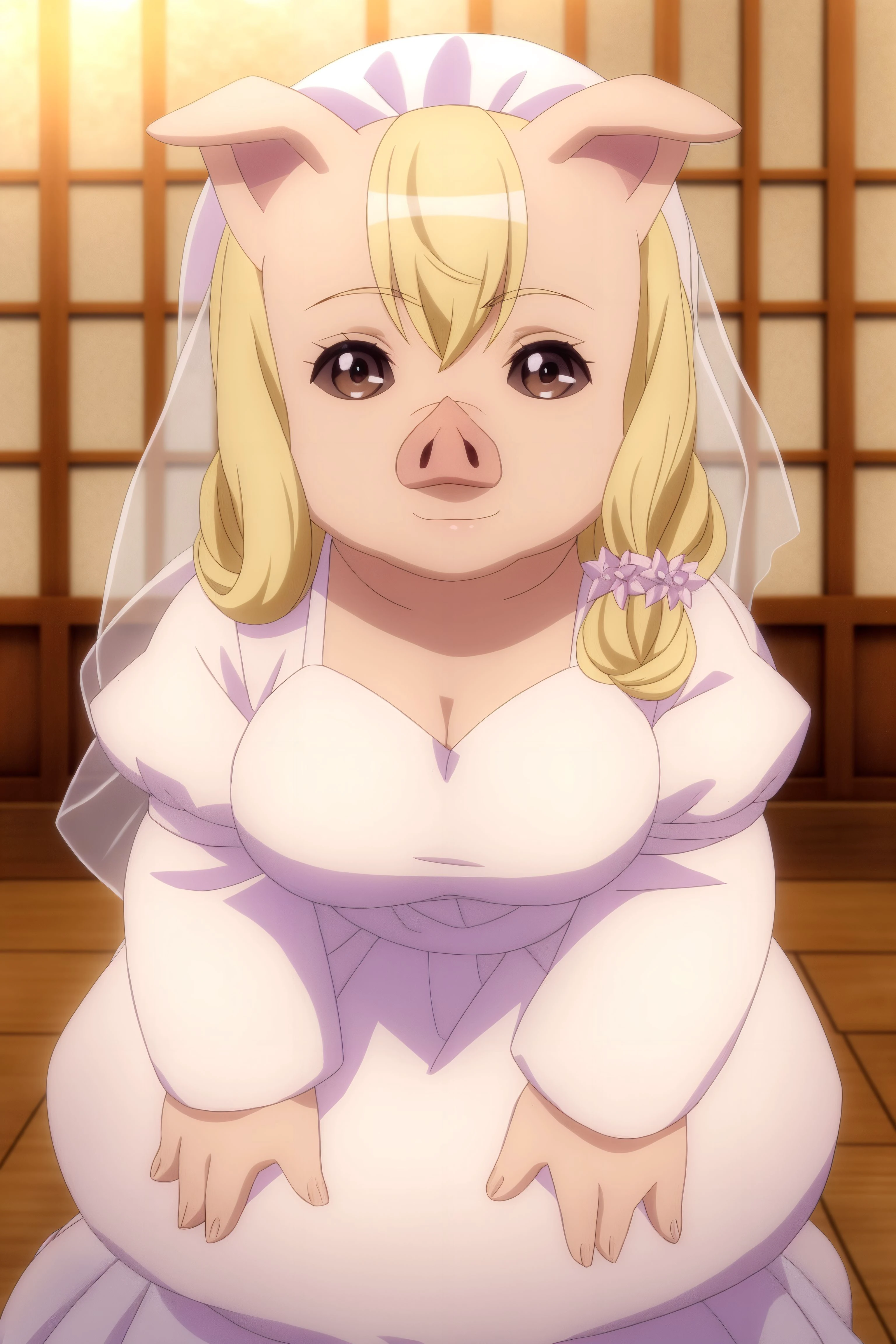 tsukigaema, cute young pig girl, female, long blonde hair, braid, wide hips, sexy, seductive, brown eyes, brown sclera, four fingers
wedding dress
looking at viewer, pov
detailed hair, detailed background
<lora:tsukigaema_dadapt:0.7>
