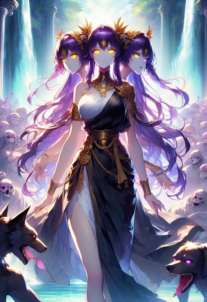 score_9, score_8_up, score_7_up, Hecate, Greek goddess, three heads, (yellow eyes), purple hair, wolves, undead army marching behind her, beautiful waterfall