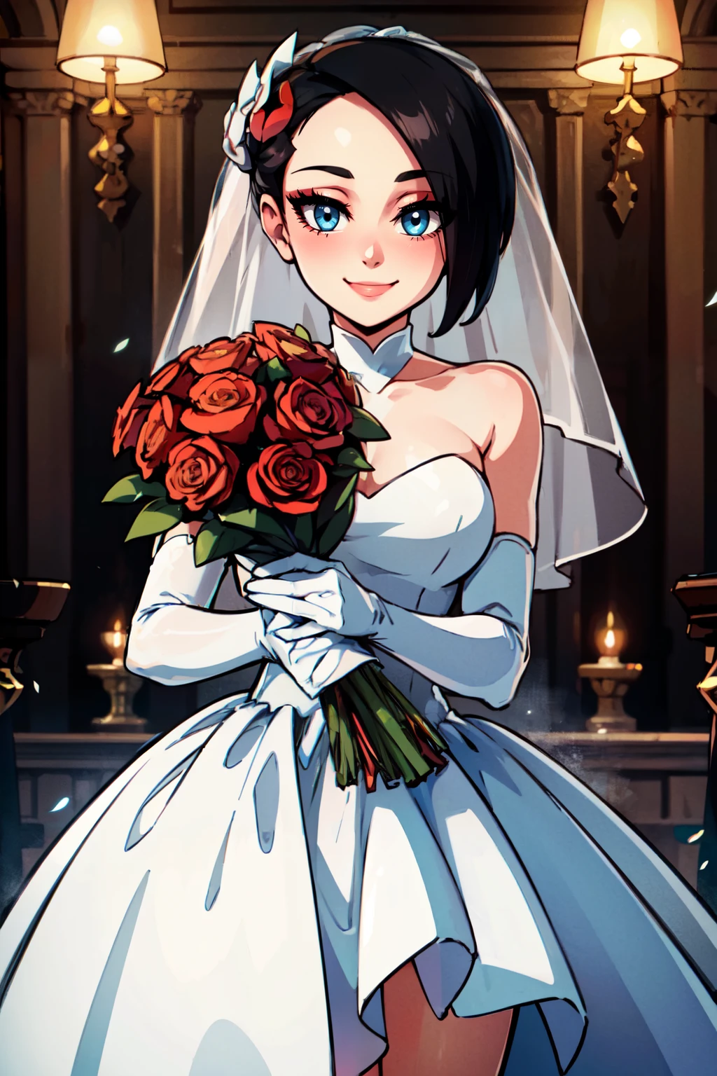 ((masterpiece,best quality)), absurdres, <lora:MaiPokemon_v1:0.7>, zzMai, black hair, blue eyes, short hair, eyelashes, bride, wedding dress, bridal veil, strapless dress, elbow gloves, holding bouquet, solo, smile, looking at viewer, cowboy shot,