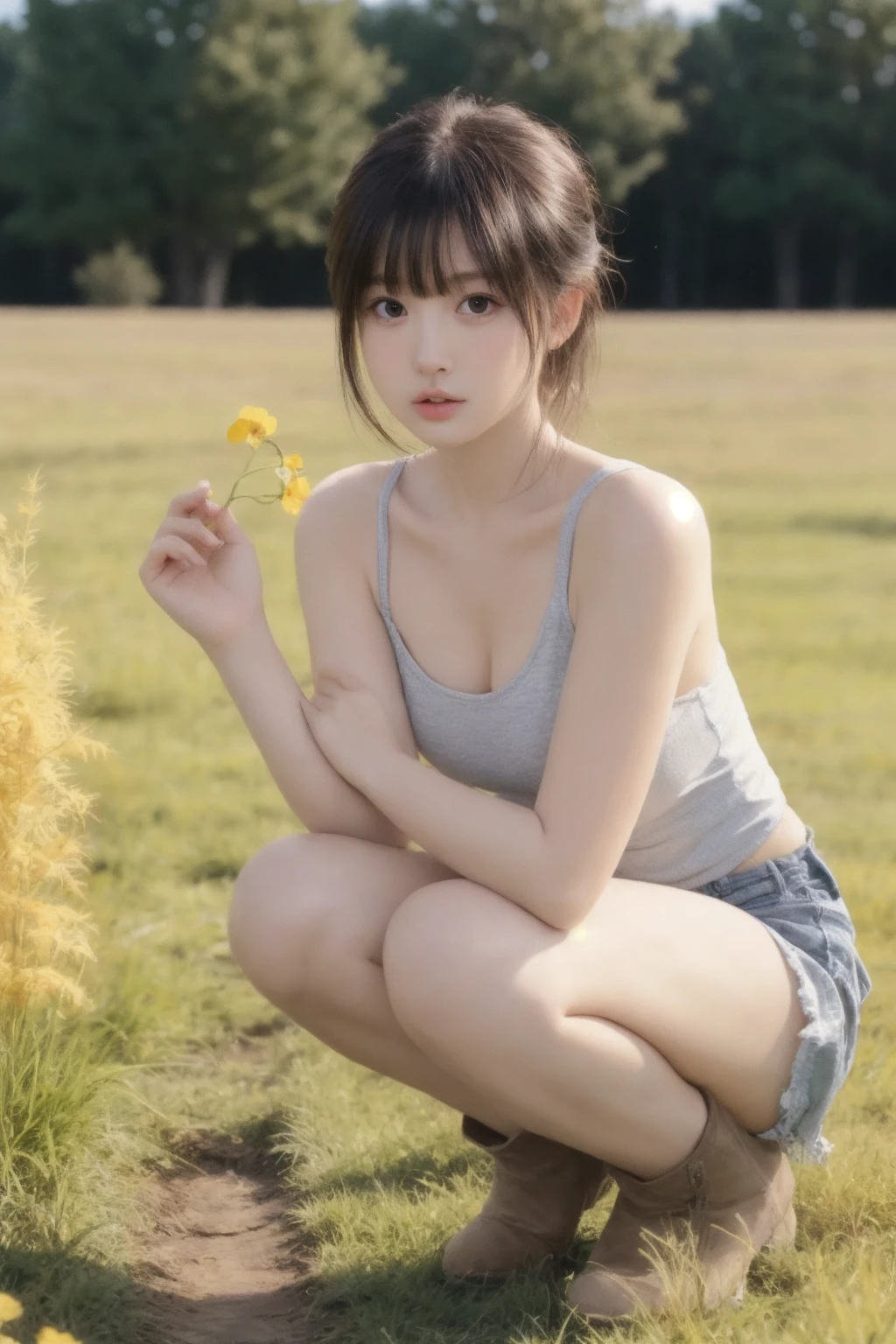 masterpiece, high quality,1girl, cowboy shot, tank top, skin tight, jeans, squatting, outdoors, field, 
<lora:ip-adapter-faceid-plusv2_sd15_lora:0.65>    <lora:zmf_v1-000007:0.5>