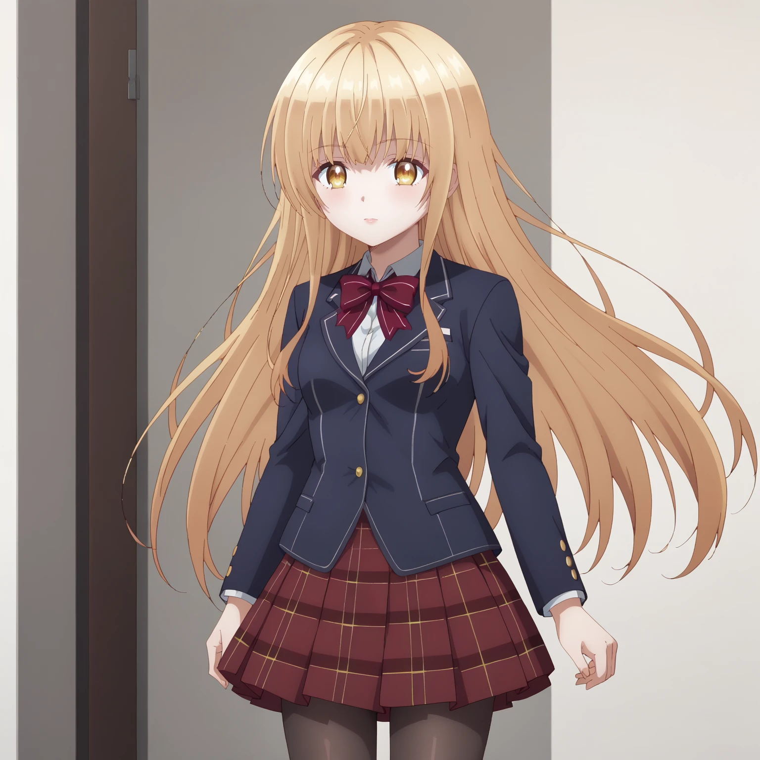 <lora:MahiruShiinaXLpony001>,
solo,
MahiruShiina,1girl,blonde hair,long hair,yellow eyes,
blue blazer,red bowtie,
plaid skirt,
black_pantyhose,