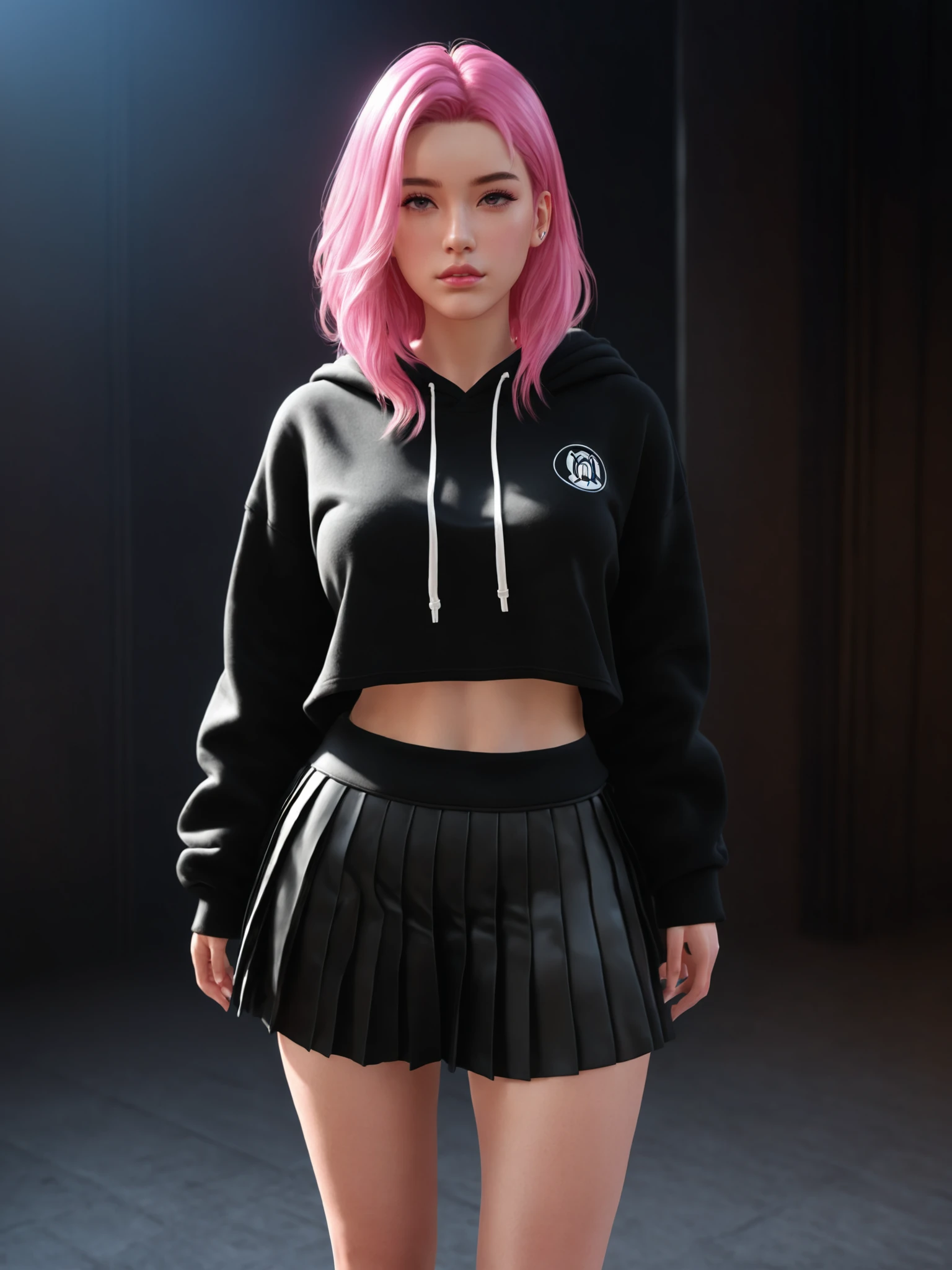 1girl, solo, hoodie, skirt, hood, pink hair, black skirt, hood down, pleated skirt, looking at viewer, long hair, realistic, sidelighting, cinematic angle, masterpiece, best quality