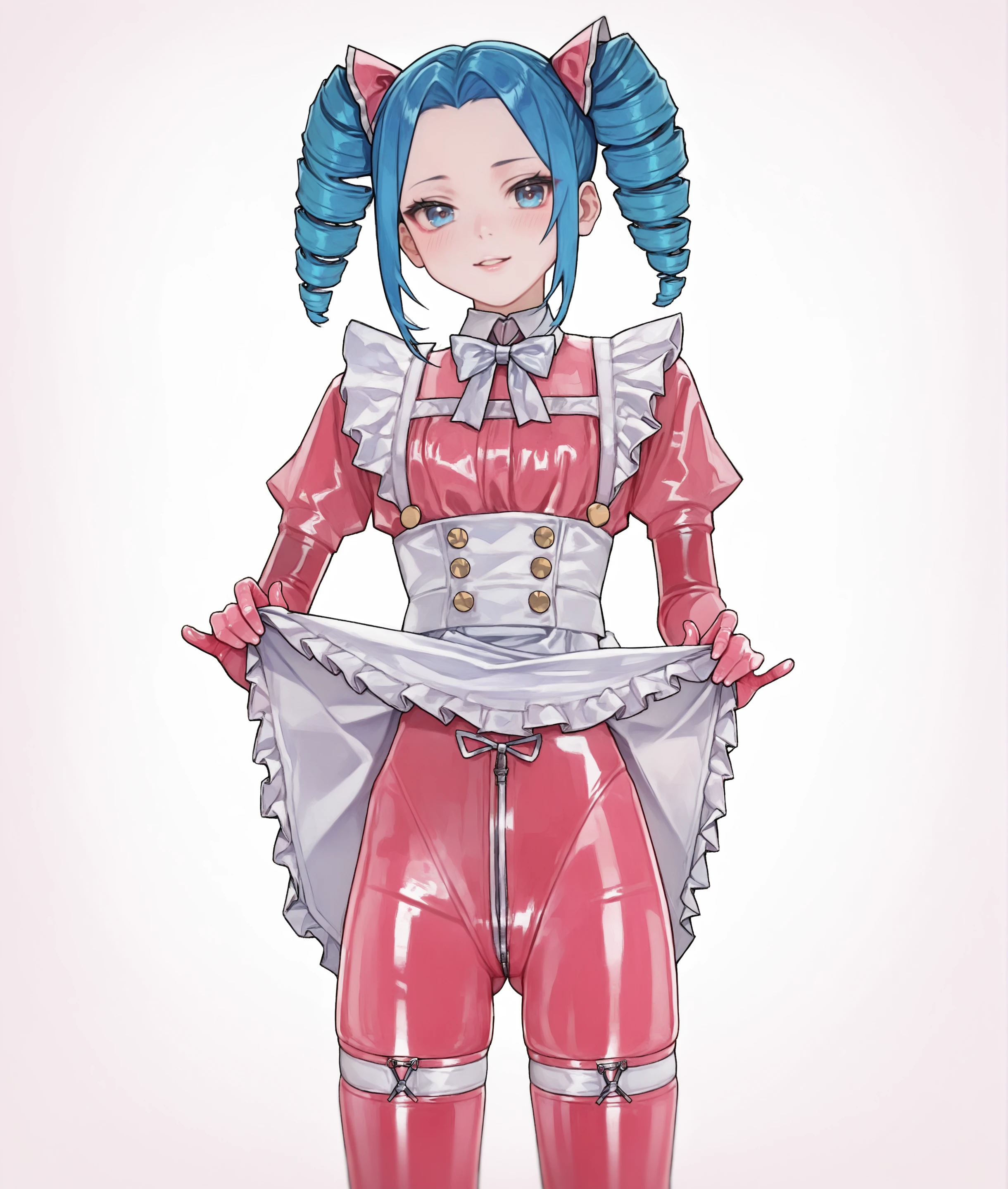 score_9, score_8_up, 1girl, solo,looking at viewer, twin drills, blue hair, pink latex bodysuit, forehead, white harness, waist apron,thighhighs, frills,bowtie, lifted by self, crotch zipper, <lora:Sal-000027:0.9>