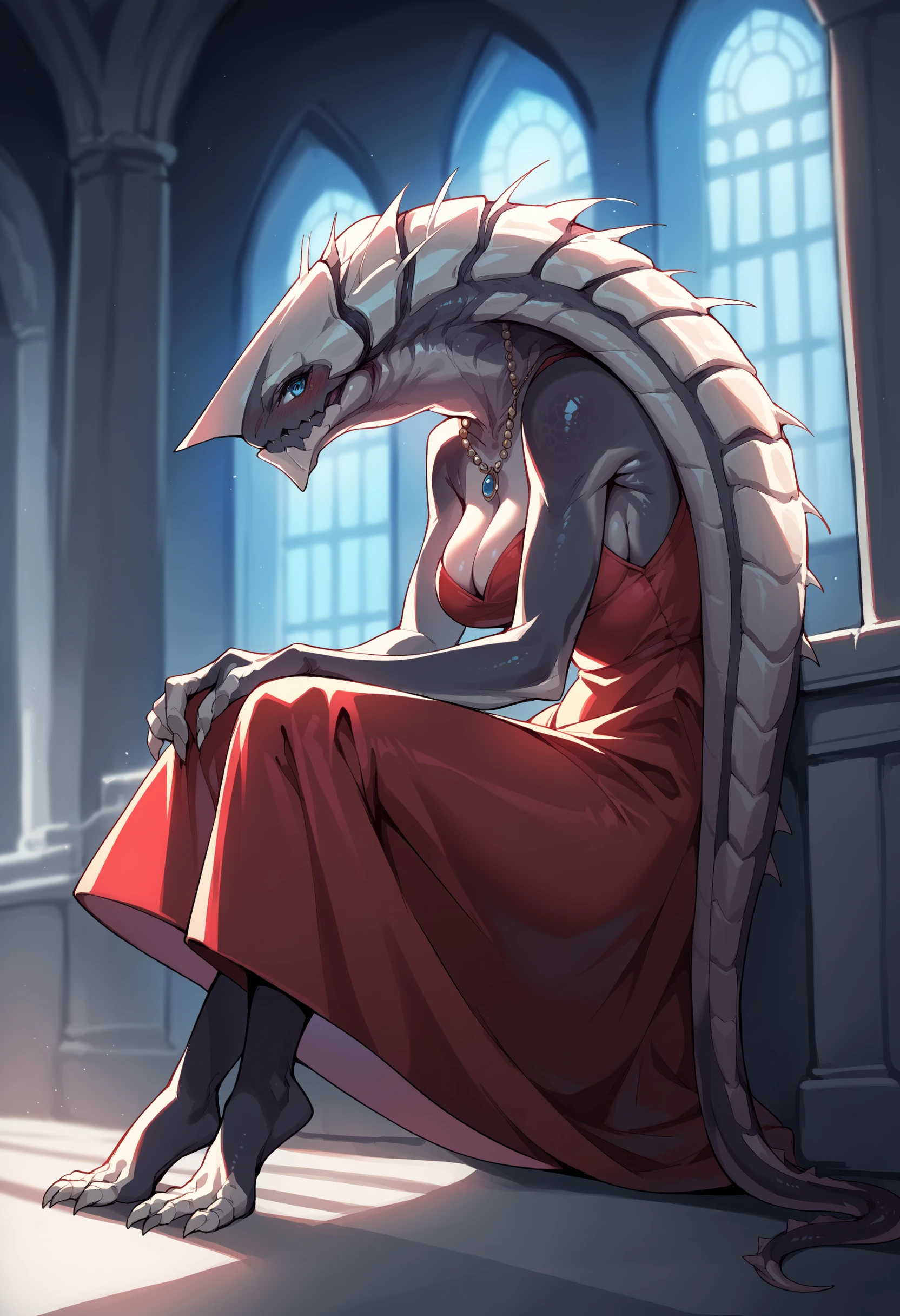 score_9, score_8_up, score_8, source_anime, 1girl, source_furry, source_monster, <lora:Khanivore:0.95> solo, monster, blue eyes, looking at viewer, view from side, full body, blush, breasts, red dress, cleavage, necklace, 
mansion interior background, large window,  blurry background,