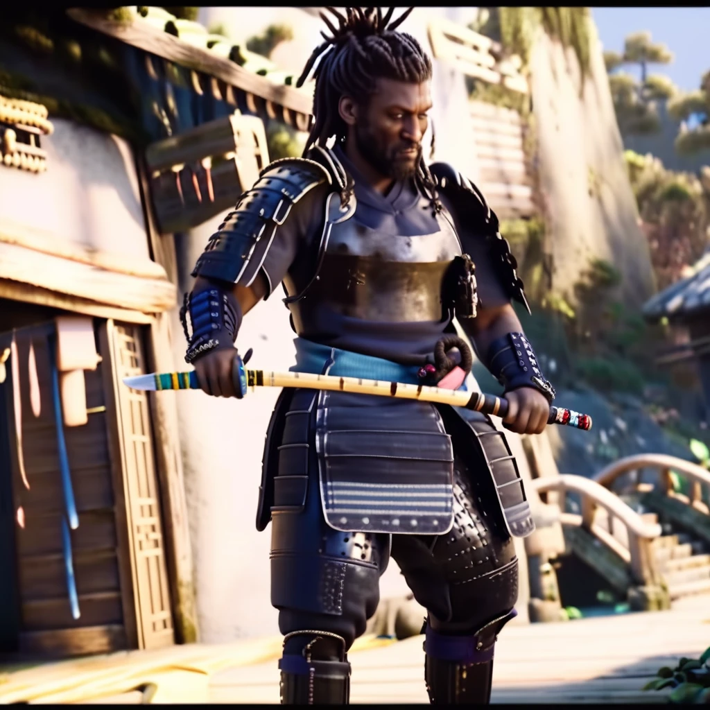 ,  <lora:acstyl_shadowcreedXL:0.9> acstyl style, hyper realistic video game <lora:riiahworldxl:0.8> rhwrld, dreads in a bun, black man, wearing samurai armor, standing on a teshu building, holding a katana, depth of field,