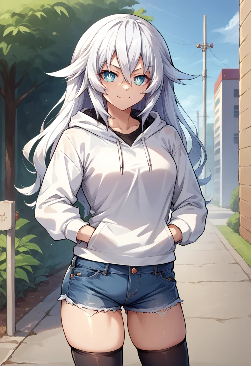 score_9, score_8_up, source_anime, 1girl, solo, BlackHeart, power symbol-shaped pupils, white hoodie, denim shorts, black thighhighs, skindentation, hands in pockets, outdoors, smile, smug, <lora:ChamBlackHeartPonyXL:1>
