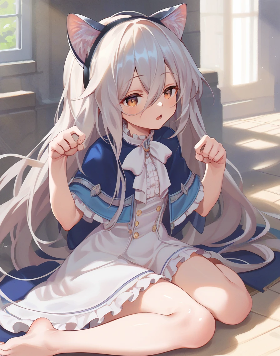 score_9, score_8_up, score_7_up,score_6_up, 1girl sitting on the floor, sunlight, window, castle, paw pose, open mouth, fake cat ears
<lora:villainchin_style_pony6_v1-000034:.8> <lora:sense_sousou no frieren_PONY_last:0.6> sense \(sousou no frieren\),brown eyes,very long hair,absurdly long hair,hair between eyes,eyes visible through hair, blue capelet,frilled dress,white long dress