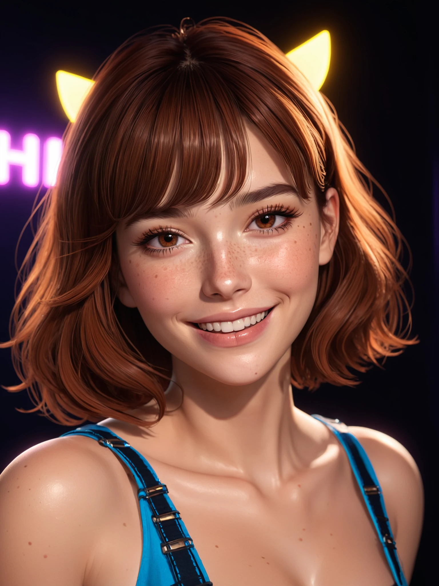 beautiful lady, (freckles), big smile, brown hazel eyes, Full Bangs, dark makeup, soft light, head and shoulders portrait, cover, portrait, sidelighting, neon lighting, neon halo, , cinematic angle, masterpiece, best quality ,