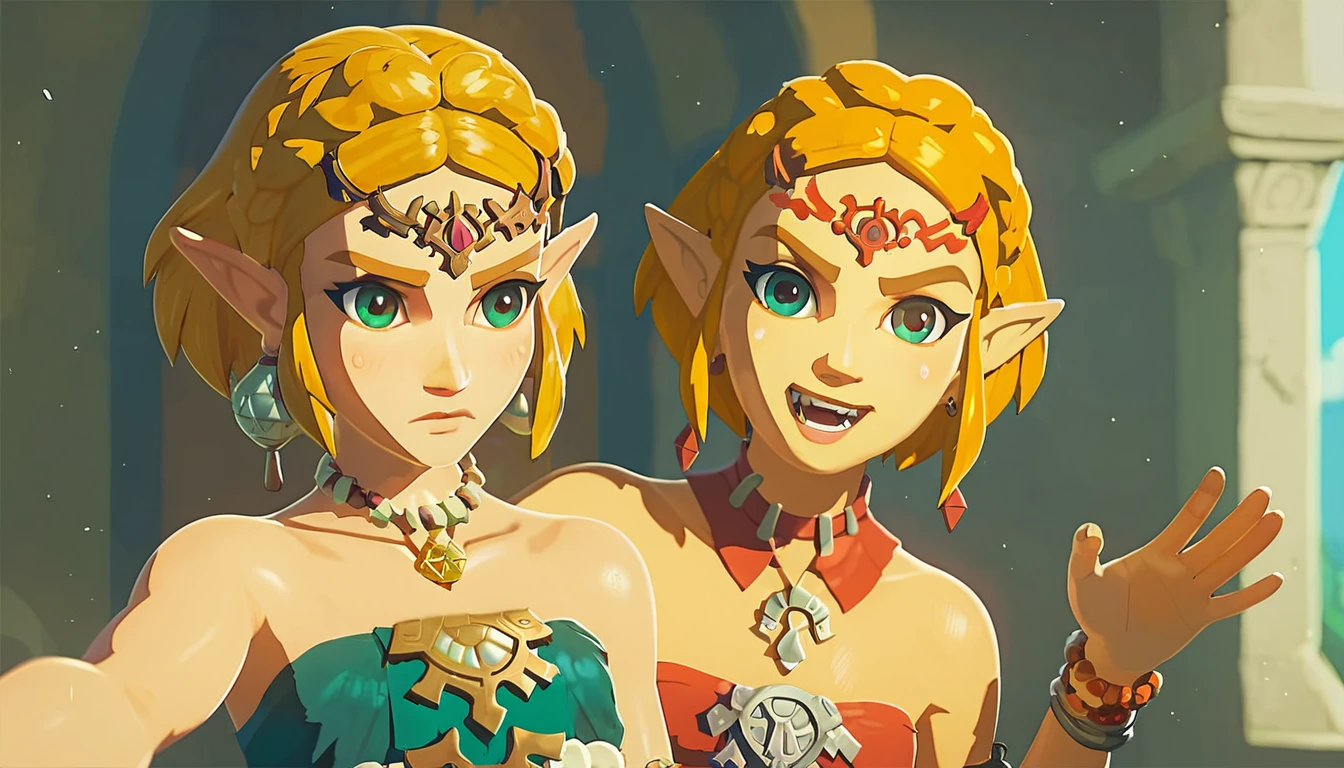 1girl like totkzelda,in zonai dress with bare shoulders, score_9, score_8_up, score_7_up, short hair,flat chest, <lora:pony_totkz-000040:0.65>, punching the cute red devil in the face