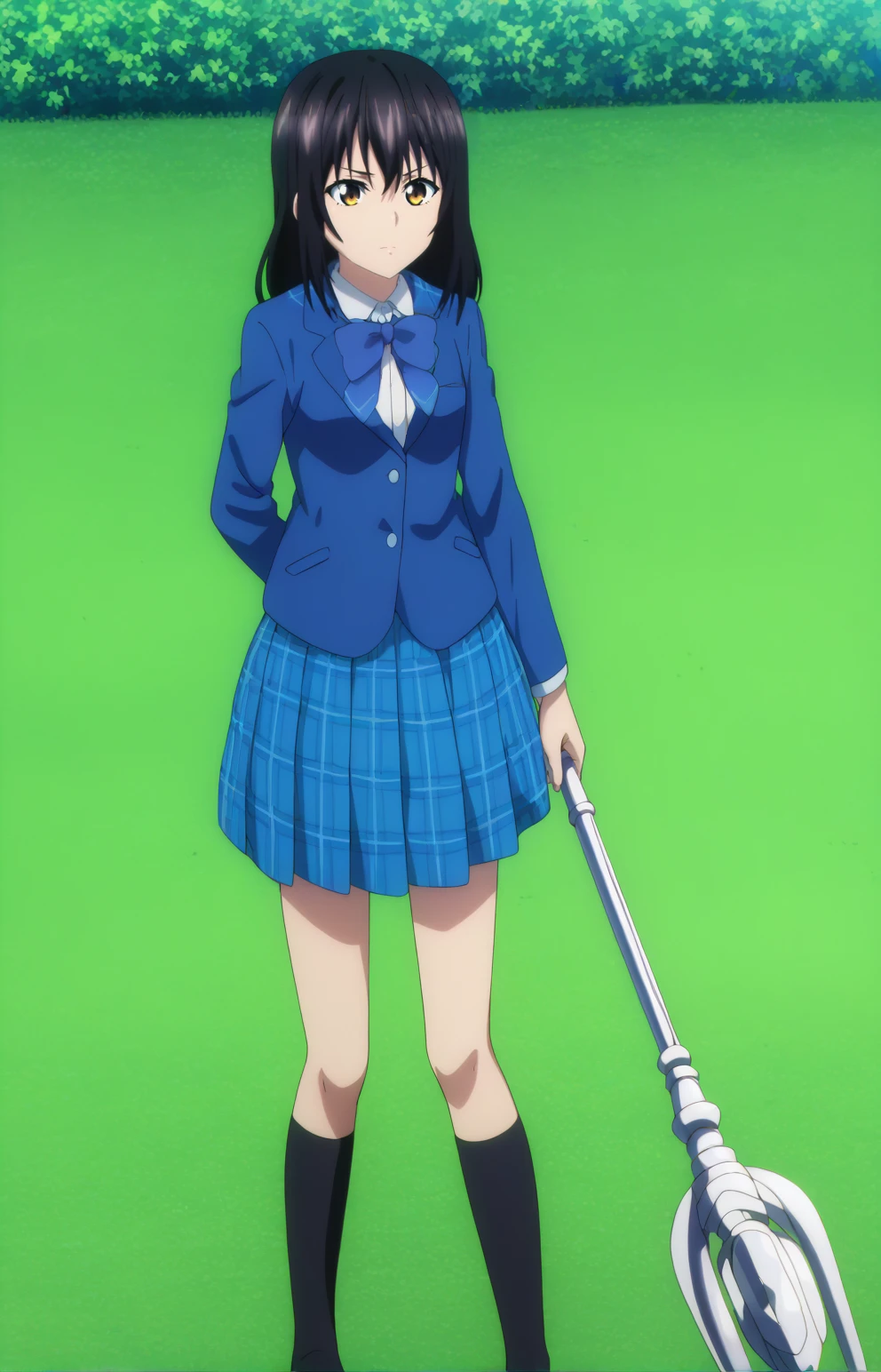 score_7_up, BREAK source_anime, HYukinaV4XL, anime coloring, 1girl, solo, skirt, school uniform, plaid, holding, plaid skirt, staff, bow, jacket, holding staff in back, blue skirt, shirt, standing, pleated skirt, bowtie, white shirt, blue bow, blue bowtie, long sleeves, blazer, outdoors, black eyes, collared shirt, blue jacket, miniskirt, closed mouth, dress shirt, <lora:HYukinaV4XL:0.85>