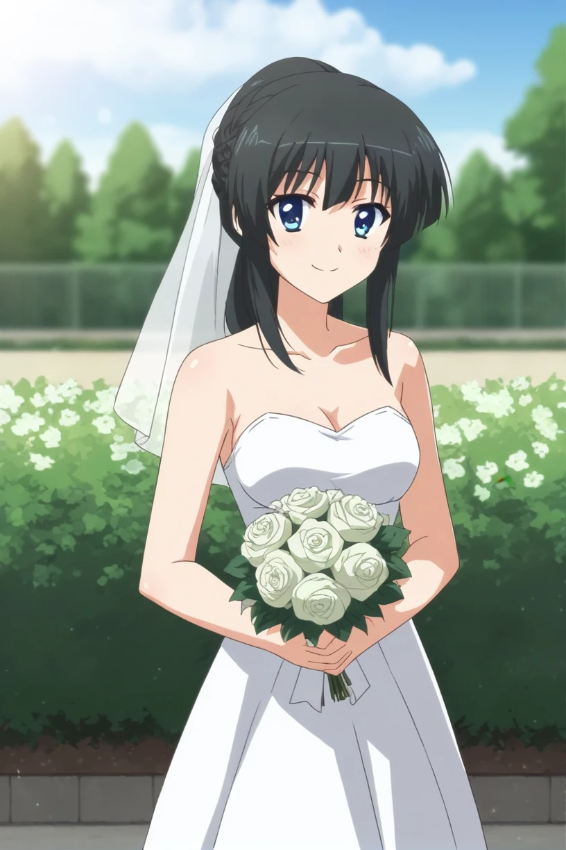 masterpiece, high quality, 8k, beautiful lighting, 1girl, solo, akane, portrait, bush, looking at viewer, wedding, sexy wedding dress, wedding ceremony, medium breasts, short hair