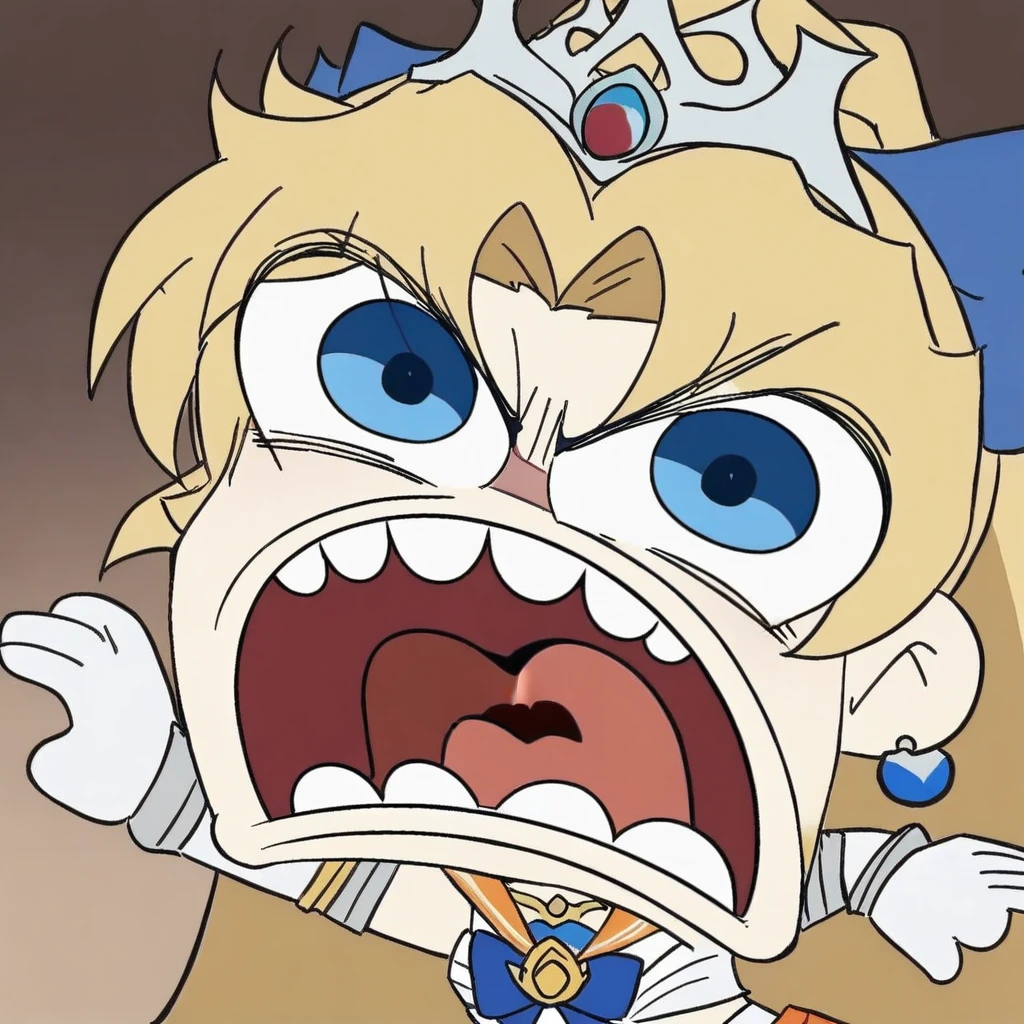 chibi, parody, open mouth, teeth, (masterpiece),(best quality),1girl,sailor venus,masterpiece,best quality,very aesthetic,absurdres,aavenus,long hair,blonde hair,hair bow,tiara,blue eyes,earrings,orange choker,collarbone,orange sailor collar,blue bowtie,white shirt,white leotard,elbow gloves,white gloves,pleated skirt,orange skirt,heart hands,traditional media,
