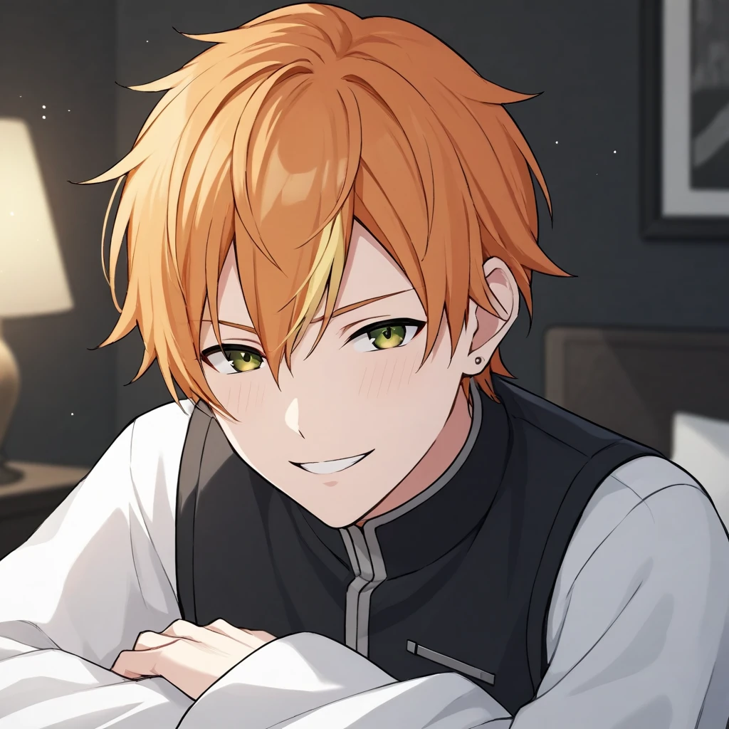 score_9, score_8_up, score_7_up, source_anime,
BREAK, (1boy, solo, solo focus), male focus, shinonome_akito, orange hair, bangs, green eyes, (perfect face, perfect eyes:1.2), seductive smile, BREAK,
bishounen, pale skin, toned body, BREAK,
(portrait), indoors, bedroom background, on bed<lora:EMS-22619-EMS:0.800000>, <lora:EMS-377036-EMS:0.800000>, <lora:EMS-32082-EMS:0.800000>