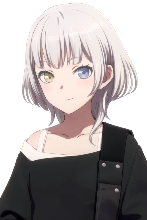 solo, 1girl, looking at viewer, anime, anime coloring, upper body, (simple background, solid white background:1.3), <lora:raana-bangdreammygo:0.8>, raana kaname, black shirt, collarbone, smile