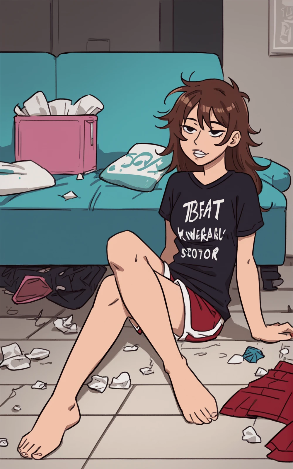 score_9, score_8_up, score_7_up,((best quality)), absurdres,((full body)), <lora:3d-2d:0.8>, <lora:KaraHitsuPXL:0.8>,KaraHitsuPXL,shorts, brown hair, shirt, t-shirt, red shorts, long hair, print shirt, black shirt, bangs,black eyes, clothes writing,teeth,parted lips,human,barefoot,half-closed eyes,livingroom, sofa, sitting on floor crossed legs, messy room,slim, skinny,messy hair,trash